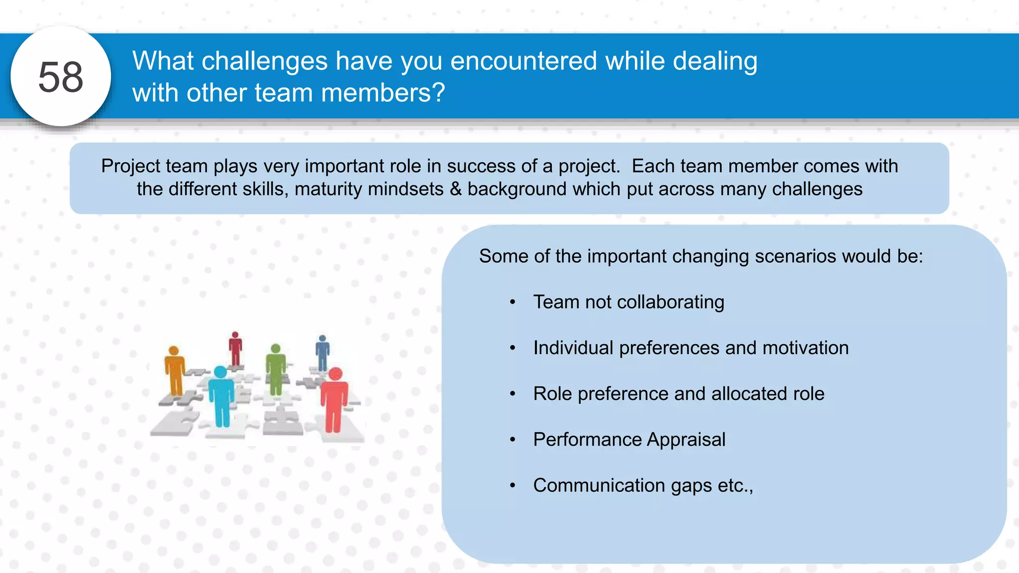 58
What challenges have you encountered while dealing
with other team members?
Some of the important changing scenarios would be:
• Team not collaborating
• Individual preferences and motivation
• Role preference and allocated role
• Performance Appraisal
• Communication gaps etc.,
Project team plays very important role in success of a project. Each team member comes with
the different skills, maturity mindsets & background which put across many challenges
 