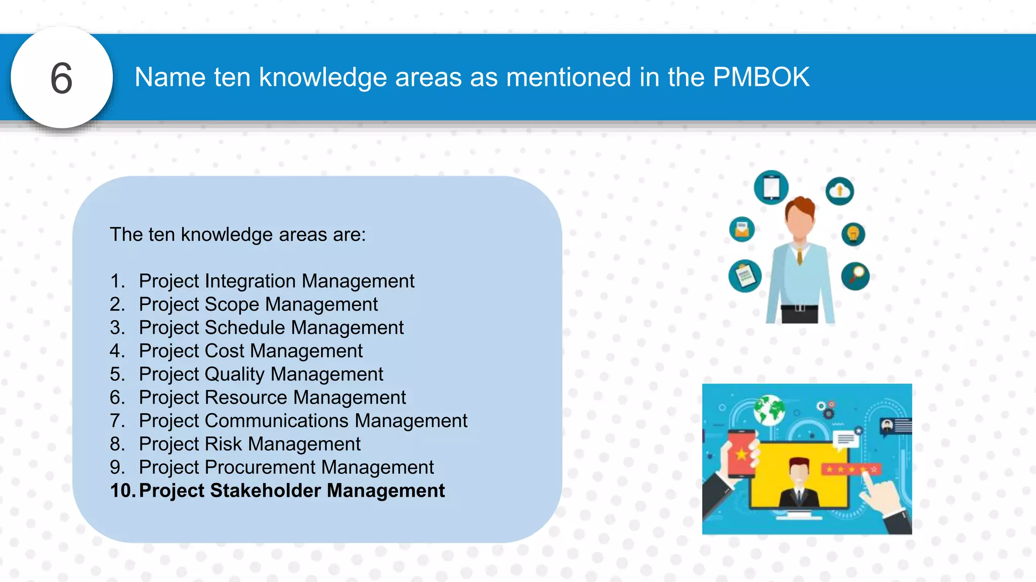 6 Name ten knowledge areas as mentioned in the PMBOK
The ten knowledge areas are:
1. Project Integration Management
2. Project Scope Management
3. Project Schedule Management
4. Project Cost Management
5. Project Quality Management
6. Project Resource Management
7. Project Communications Management
8. Project Risk Management
9. Project Procurement Management
10.Project Stakeholder Management
 