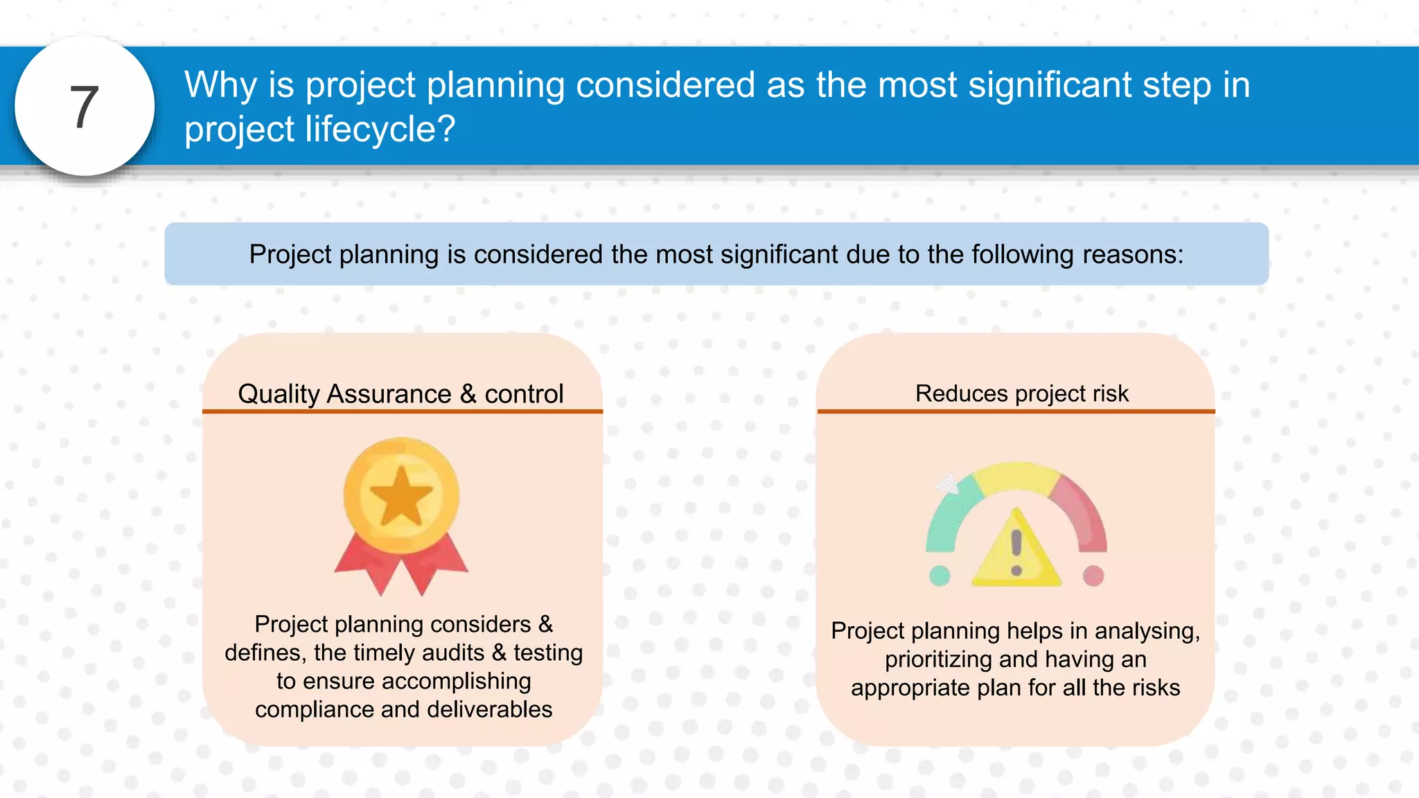 7
Why is project planning considered as the most significant step in
project lifecycle?
Reduces project riskQuality Assurance & control
Project planning considers &
defines, the timely audits & testing
to ensure accomplishing
compliance and deliverables
Project planning helps in analysing,
prioritizing and having an
appropriate plan for all the risks
Project planning is considered the most significant due to the following reasons:
 