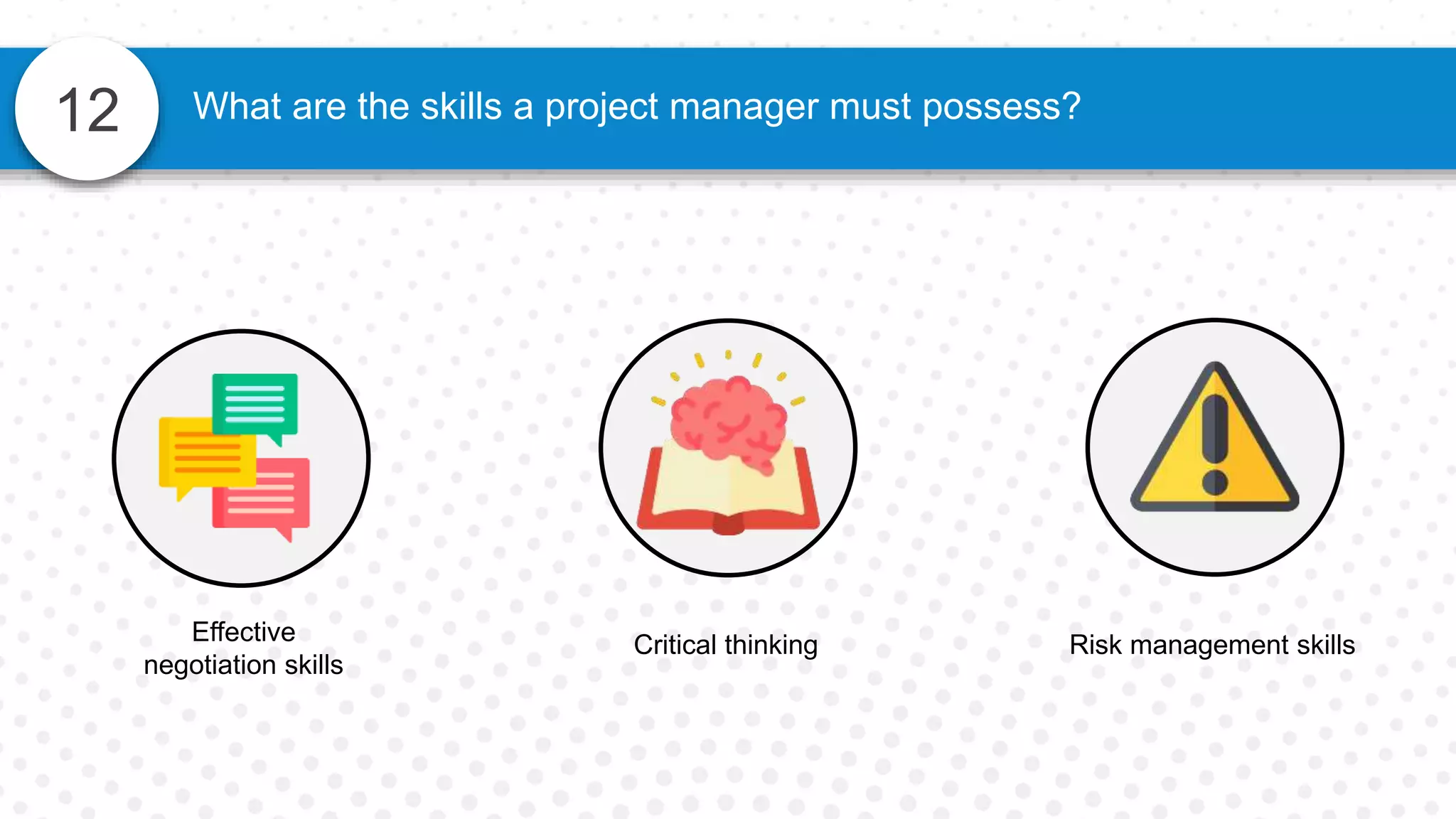 12
Effective
negotiation skills
What are the skills a project manager must possess?
Critical thinking Risk management skills
 