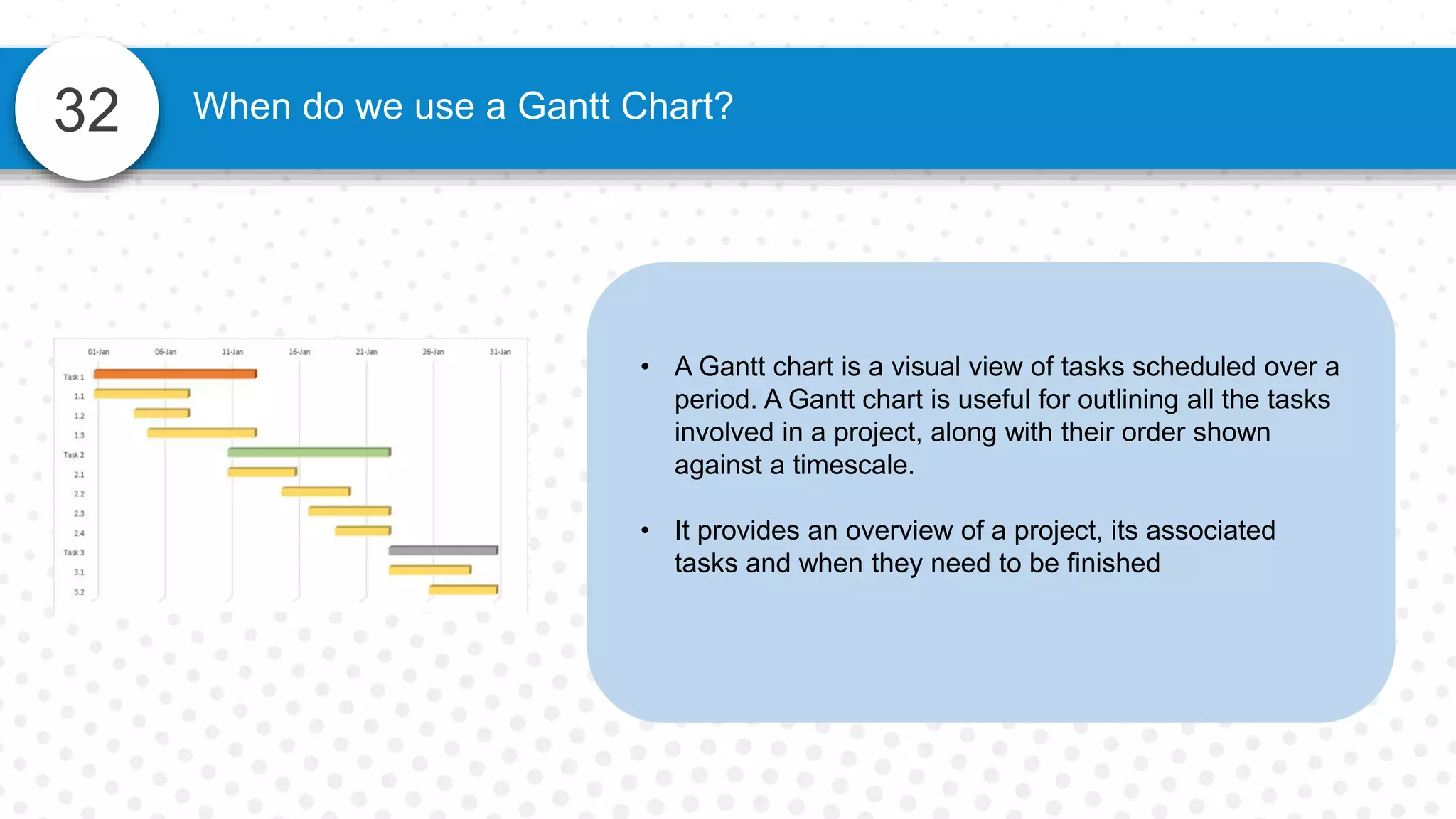 32
• A Gantt chart is a visual view of tasks scheduled over a
period. A Gantt chart is useful for outlining all the tasks
involved in a project, along with their order shown
against a timescale.
• It provides an overview of a project, its associated
tasks and when they need to be finished
When do we use a Gantt Chart?
 