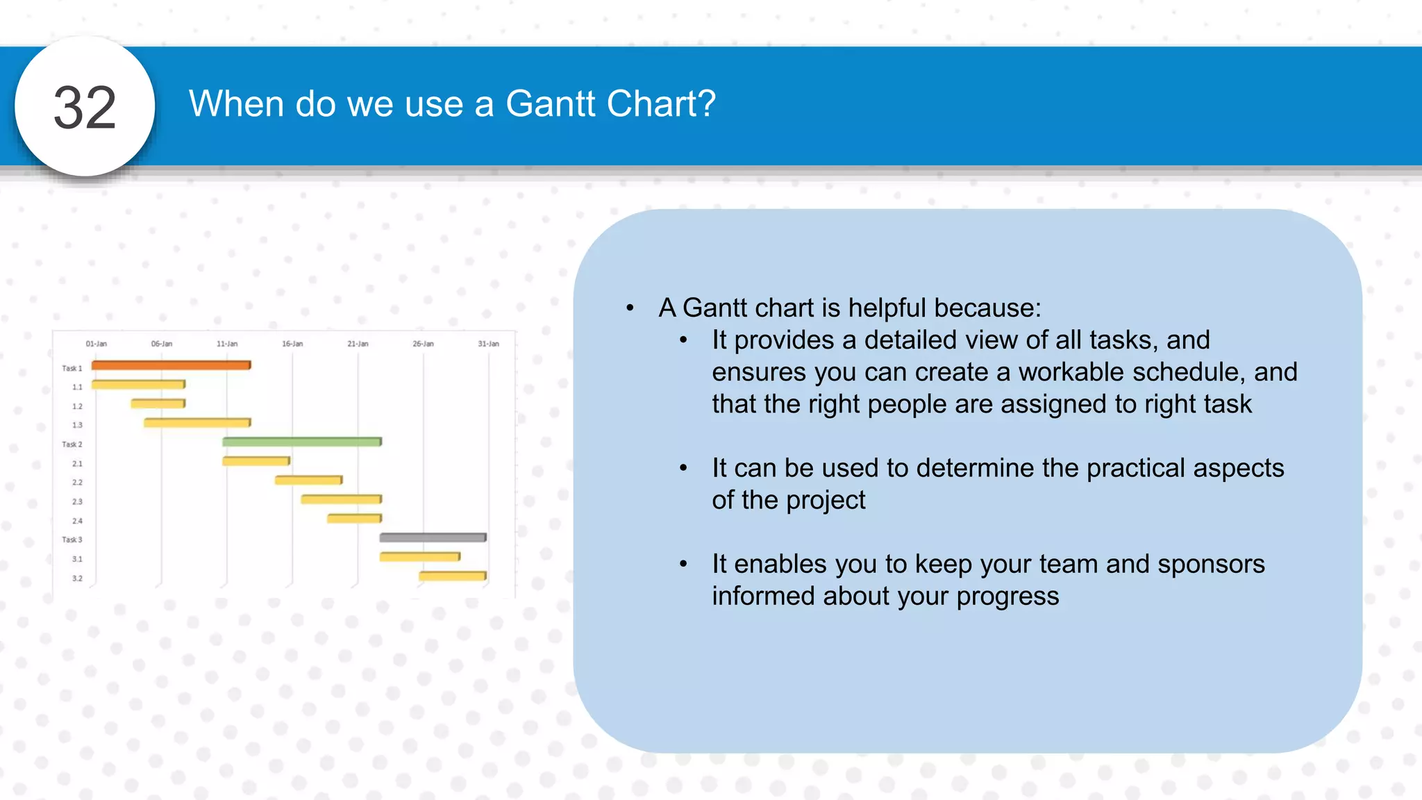 32
• A Gantt chart is helpful because:
• It provides a detailed view of all tasks, and
ensures you can create a workable schedule, and
that the right people are assigned to right task
• It can be used to determine the practical aspects
of the project
• It enables you to keep your team and sponsors
informed about your progress
When do we use a Gantt Chart?
 