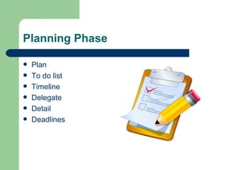 Planning Phase Plan To do list Timeline Delegate Detail Deadlines 