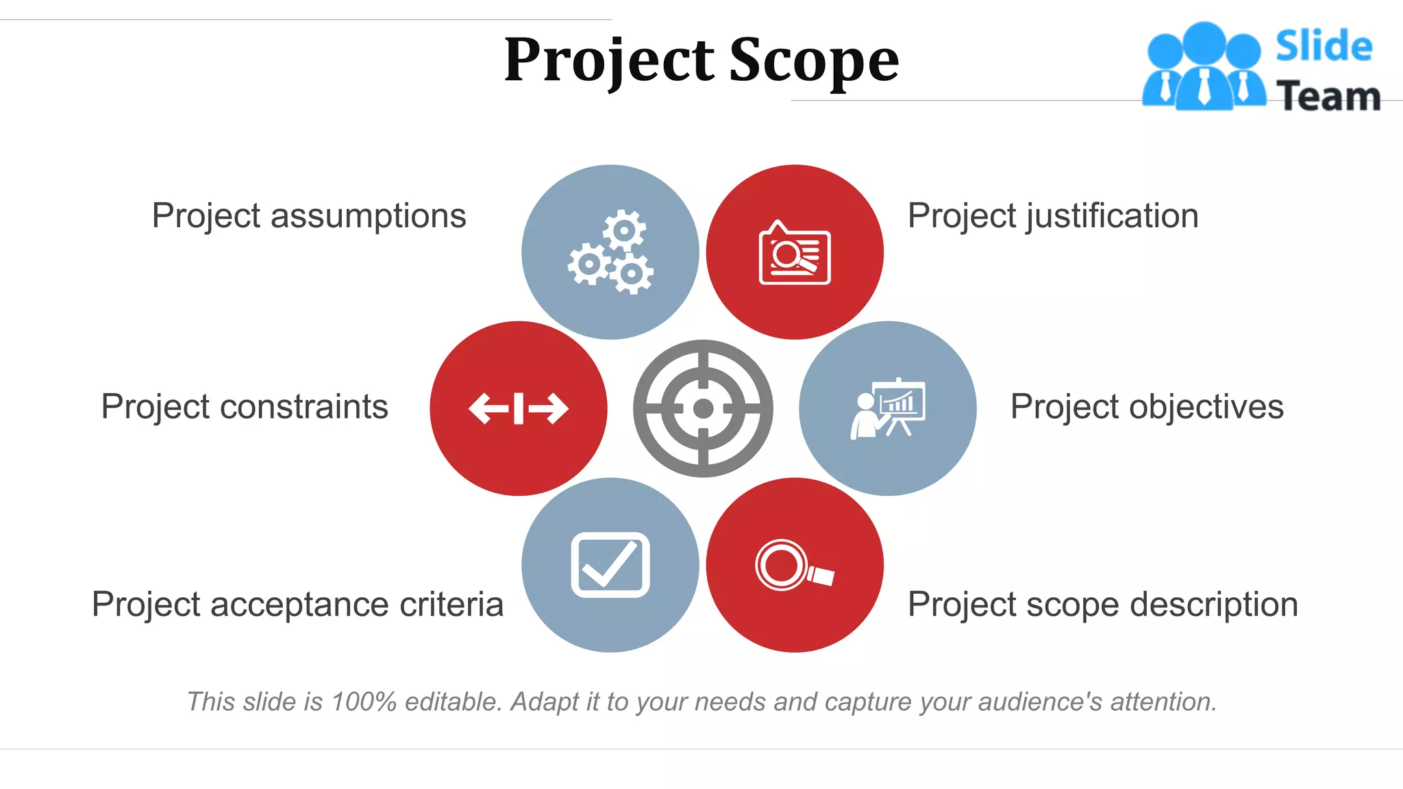 Project Scope
Project justification
Project objectives
Project scope description
Project assumptions
Project constraints
Project acceptance criteria
This slide is 100% editable. Adapt it to your needs and capture your audience's attention.
WWW.COMPANY.COM 10
 