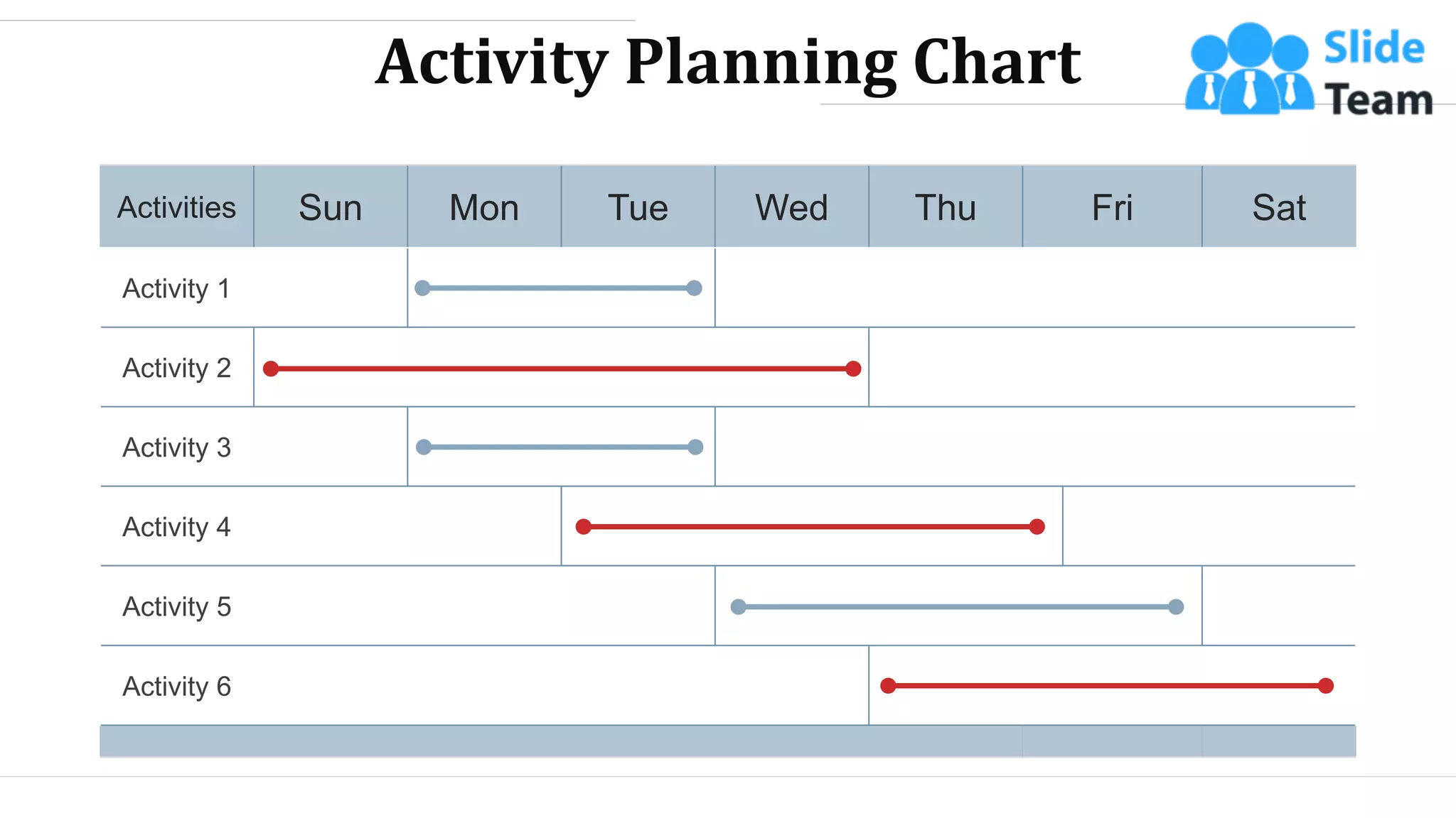 Activity Planning Chart
Activities Sun Mon Tue Wed Thu Fri Sat
Activity 1
Activity 2
Activity 3
Activity 4
Activity 5
Activity 6
WWW.COMPANY.COM 17
 