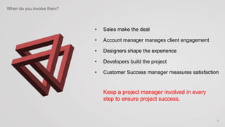 • Sales make the deal
• Account manager manages client engagement
• Designers shape the experience
• Developers build the project
• Customer Success manager measures satisfaction
5
When do you involve them?
Keep a project manager involved in every
step to ensure project success.
 
