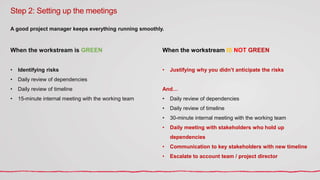 Step 2: Setting up the meetings
A good project manager keeps everything running smoothly.
When the workstream is GREEN
• Identifying risks
• Daily review of dependencies
• Daily review of timeline
• 15-minute internal meeting with the working team
When the workstream IS NOT GREEN
• Justifying why you didn’t anticipate the risks
And…
• Daily review of dependencies
• Daily review of timeline
• 30-minute internal meeting with the working team
• Daily meeting with stakeholders who hold up
dependencies
• Communication to key stakeholders with new timeline
• Escalate to account team / project director
 