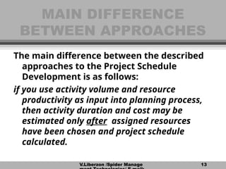 V.Liberzon /Spider Manage 13
MAIN DIFFERENCE
MAIN DIFFERENCE
BETWEEN APPROACHES
BETWEEN APPROACHES
The main difference between the described
approaches to the Project Schedule
Development is as follows:
if you use activity volume and resource
productivity as input into planning process,
then activity duration and cost may be
estimated only after assigned resources
have been chosen and project schedule
calculated.
 