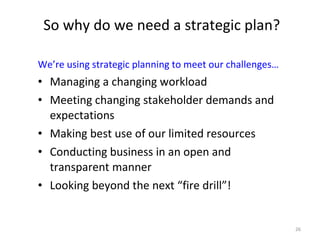 So why do we need a strategic plan? We’re using strategic planning to meet our challenges… Managing a changing workload Meeting changing stakeholder demands and expectations Making best use of our limited resources Conducting business in an open and transparent manner Looking beyond the next “fire drill”! 