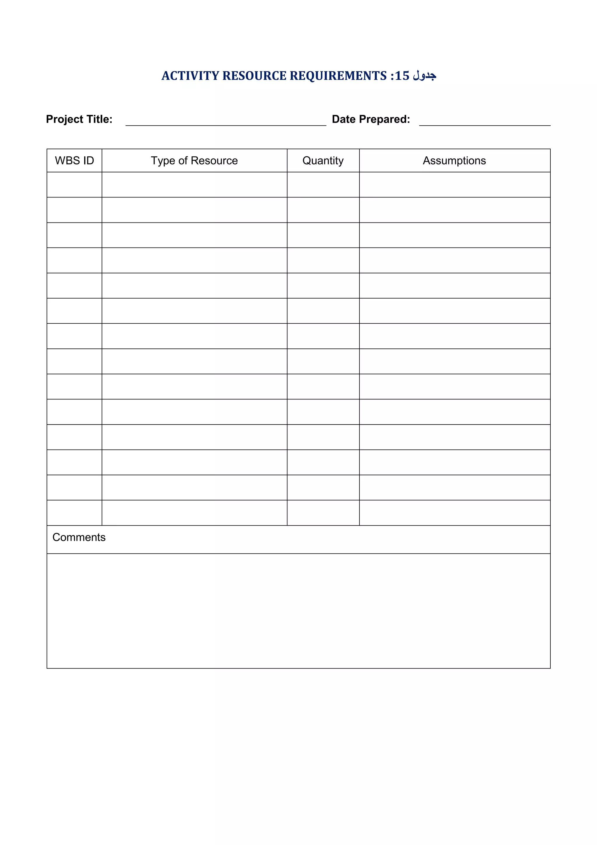 ACTIVITY RESOURCE REQUIREMENTS :15 ‫ﺟﺪول‬
Project Title:

WBS ID

Comments

Date Prepared:

Type of Resource

Quantity

Assumptions

 