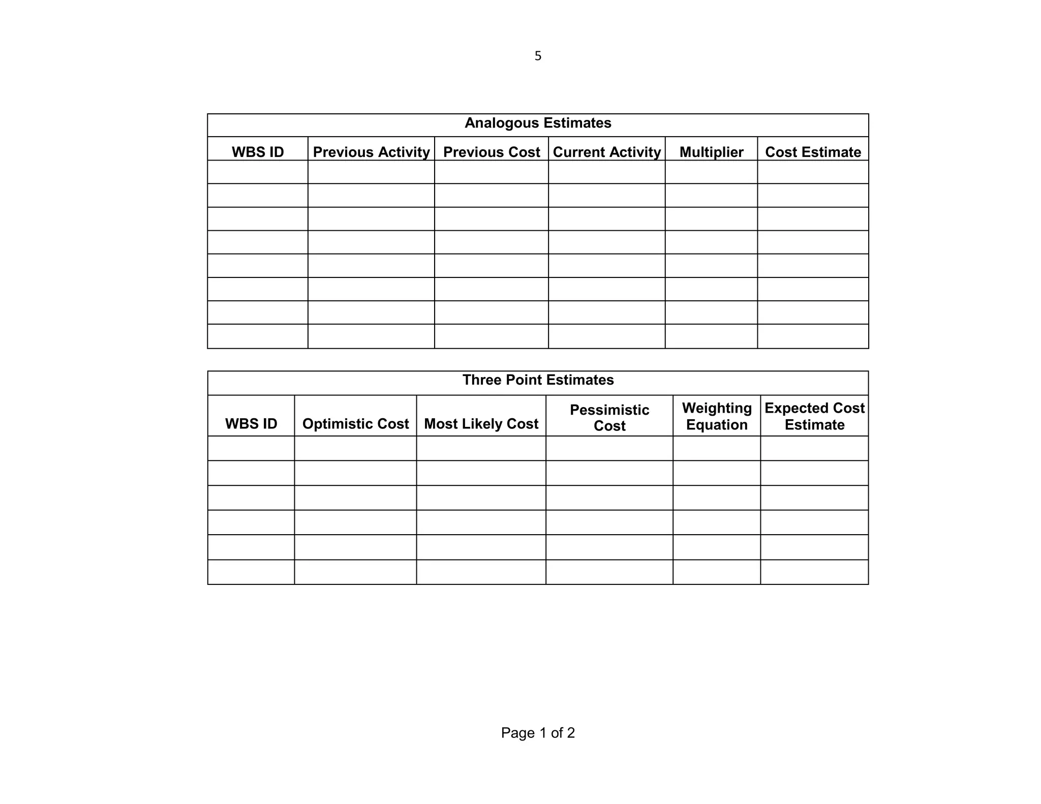 5

Analogous Estimates
WBS ID

Previous Activity Previous Cost Current Activity

Multiplier

Cost Estimate

Three Point Estimates
WBS ID

Optimistic Cost

Most Likely Cost

Pessimistic
Cost

Page 1 of 2

Weighting Expected Cost
Equation
Estimate

 