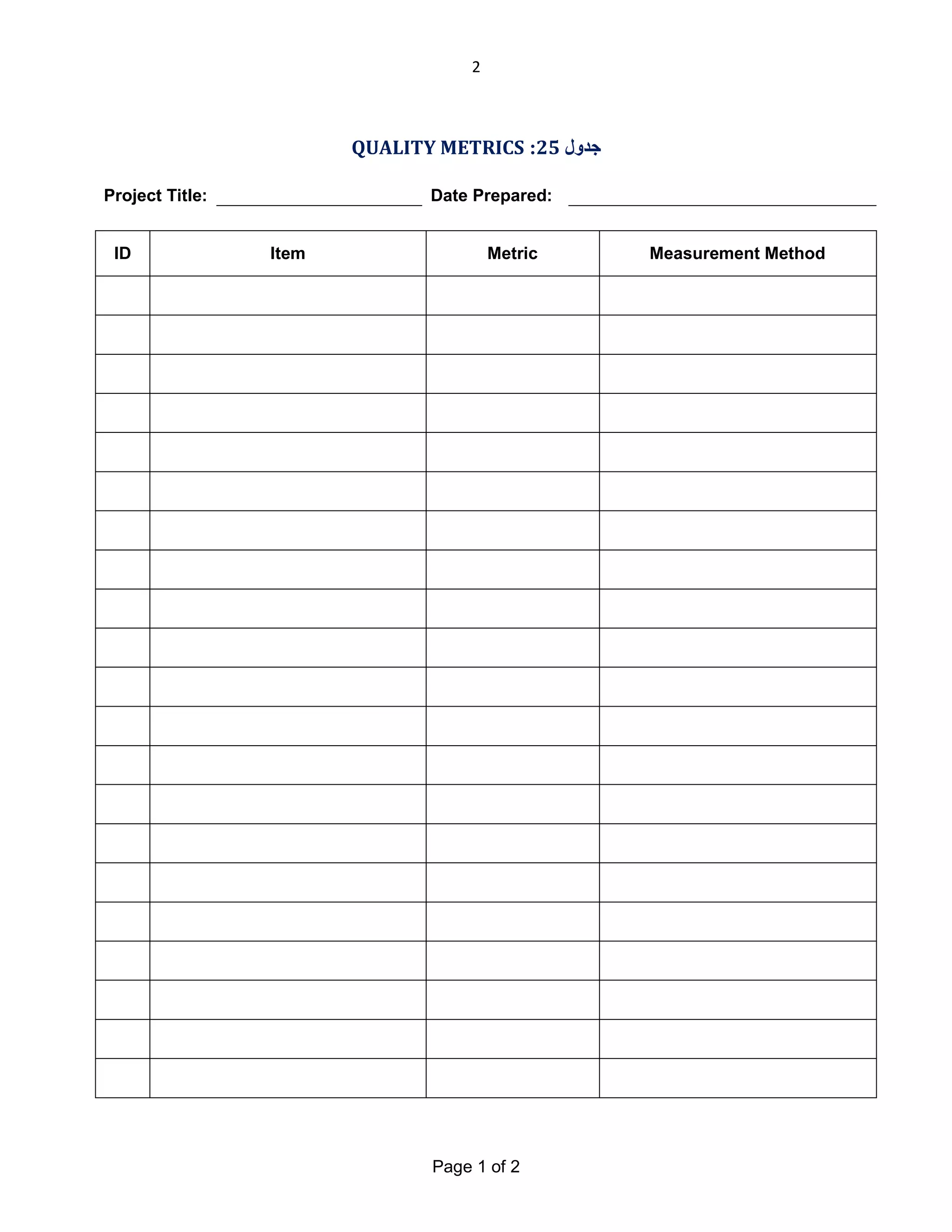 2

QUALITY METRICS :25 ‫ﺟﺪول‬
Project Title:
ID

Date Prepared:
Item

Metric

Page 1 of 2

Measurement Method

 