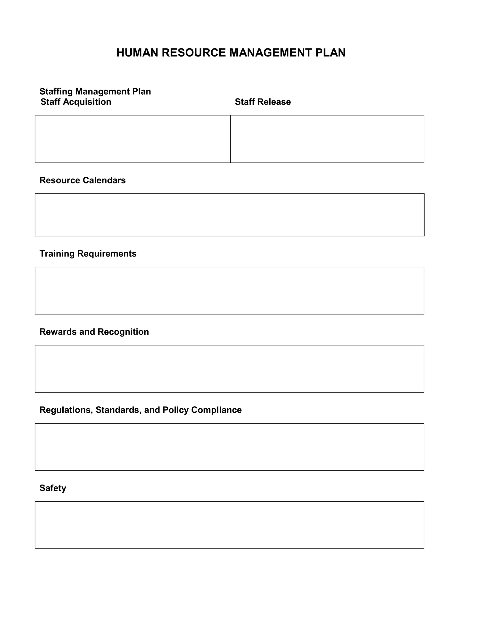 HUMAN RESOURCE MANAGEMENT PLAN

Staffing Management Plan
Staff Acquisition

Staff Release

Resource Calendars

Training Requirements

Rewards and Recognition

Regulations, Standards, and Policy Compliance

Safety

 