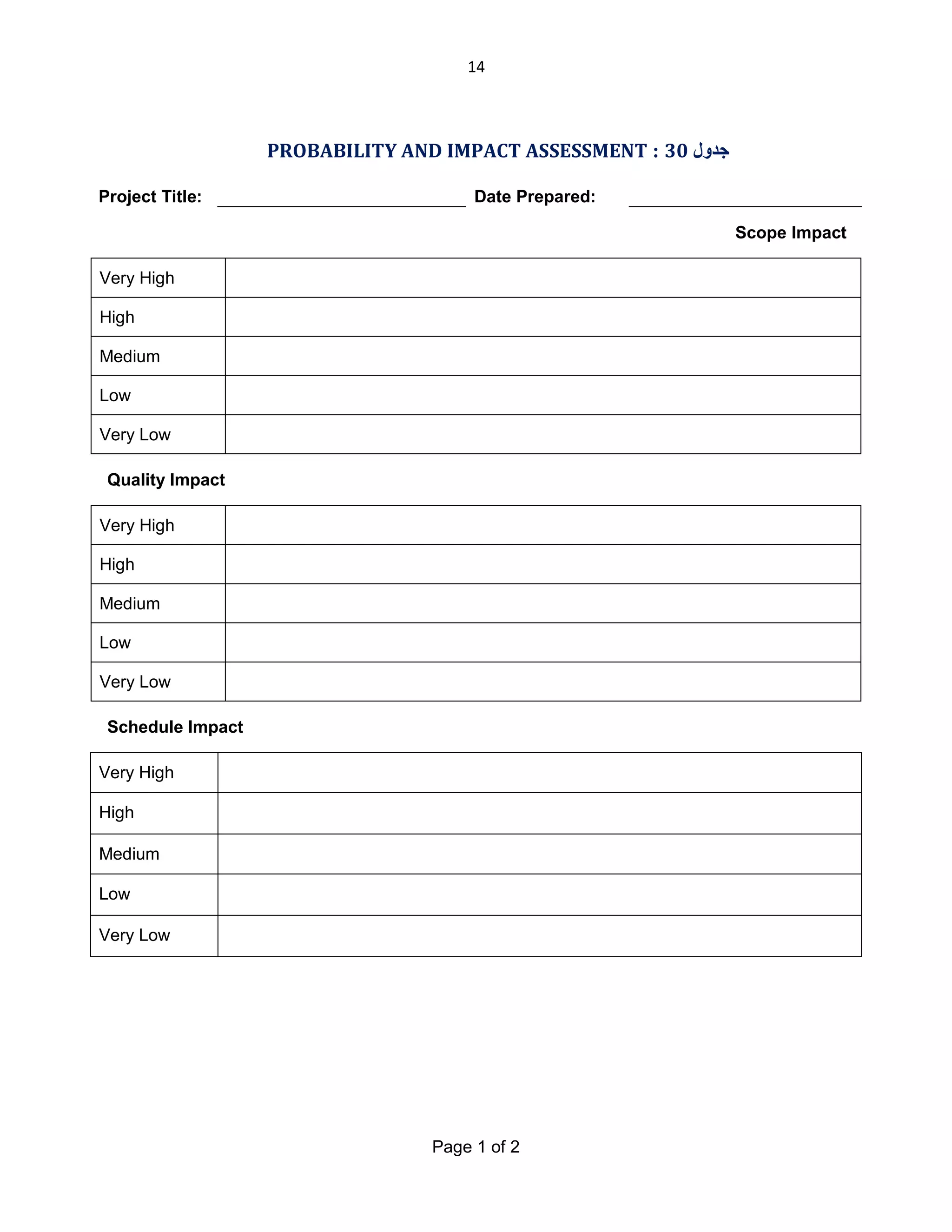 14

PROBABILITY AND IMPACT ASSESSMENT : 30 ‫ﺟﺪول‬
Project Title:

Date Prepared:
Scope Impact

Very High
High
Medium
Low
Very Low
Quality Impact
Very High
High
Medium
Low
Very Low
Schedule Impact
Very High
High
Medium
Low
Very Low

Page 1 of 2

 