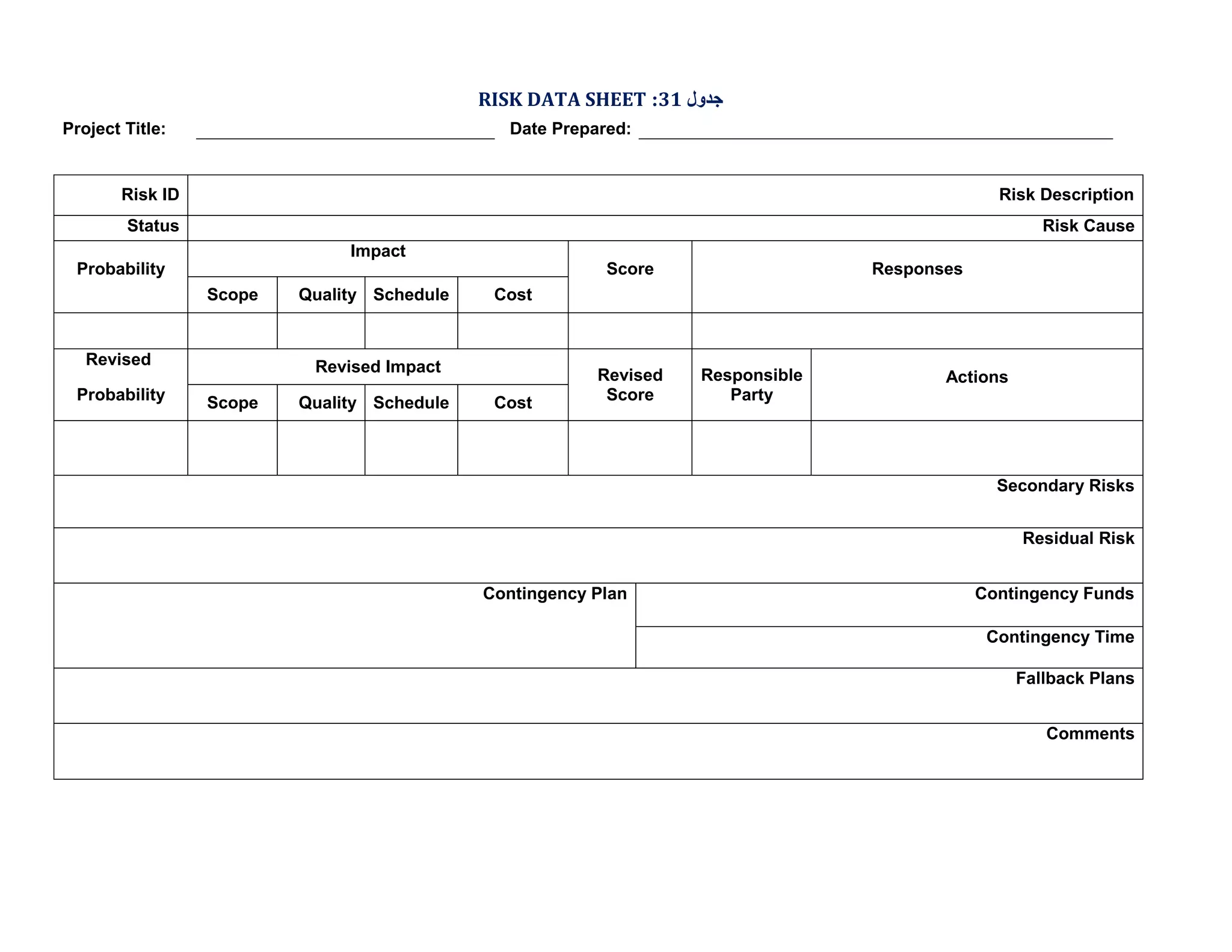 RISK DATA SHEET :31 ‫ﺟﺪول‬
Project Title:

Date Prepared:

Risk ID

Risk Description

Status

Risk Cause
Impact

Probability

Score
Scope

Revised
Probability

Quality Schedule

Cost

Revised Impact
Scope

Quality Schedule

Responses

Cost

Revised
Score

Responsible
Party

Actions

Secondary Risks
Residual Risk
Contingency Plan

Contingency Funds
Contingency Time
Fallback Plans
Comments

 