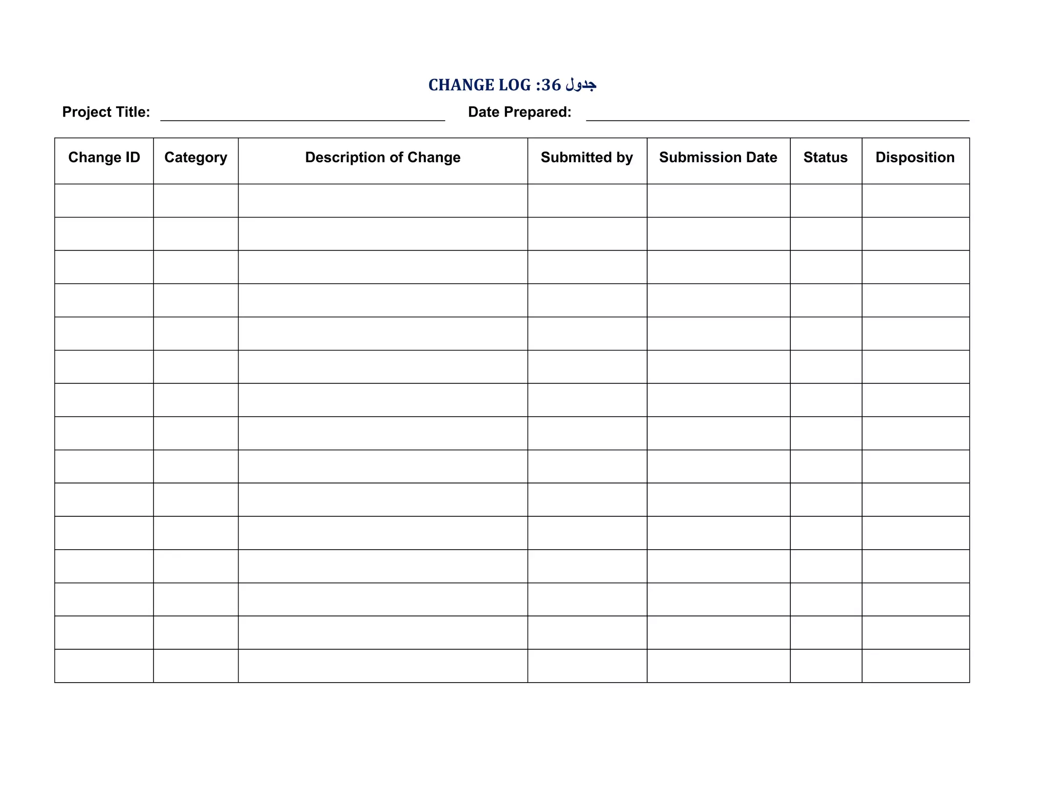 CHANGE LOG :36 ‫ﺟﺪول‬
Project Title:
Change ID

Date Prepared:
Category

Description of Change

Submitted by

Submission Date

Status

Disposition

 
