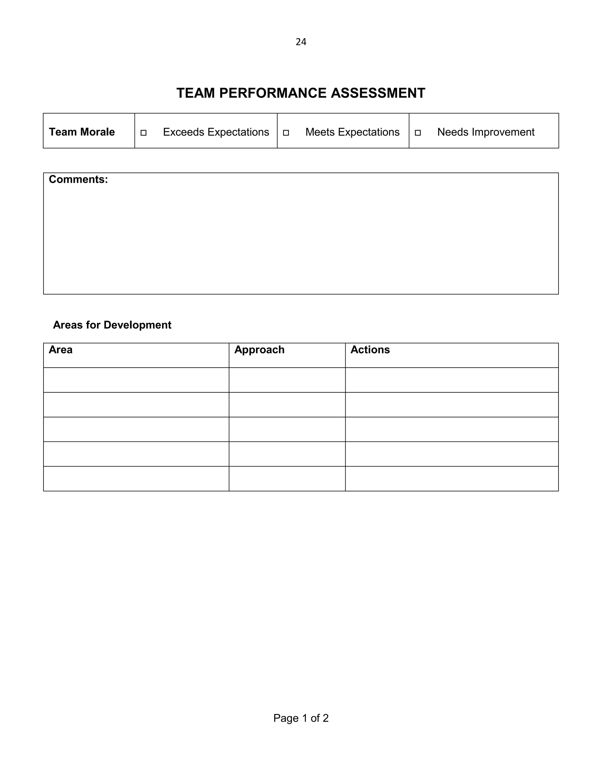 24

TEAM PERFORMANCE ASSESSMENT
Team Morale



Exceeds Expectations



Meets Expectations

Comments:

Areas for Development
Area

Approach

Page 1 of 2

Actions



Needs Improvement

 