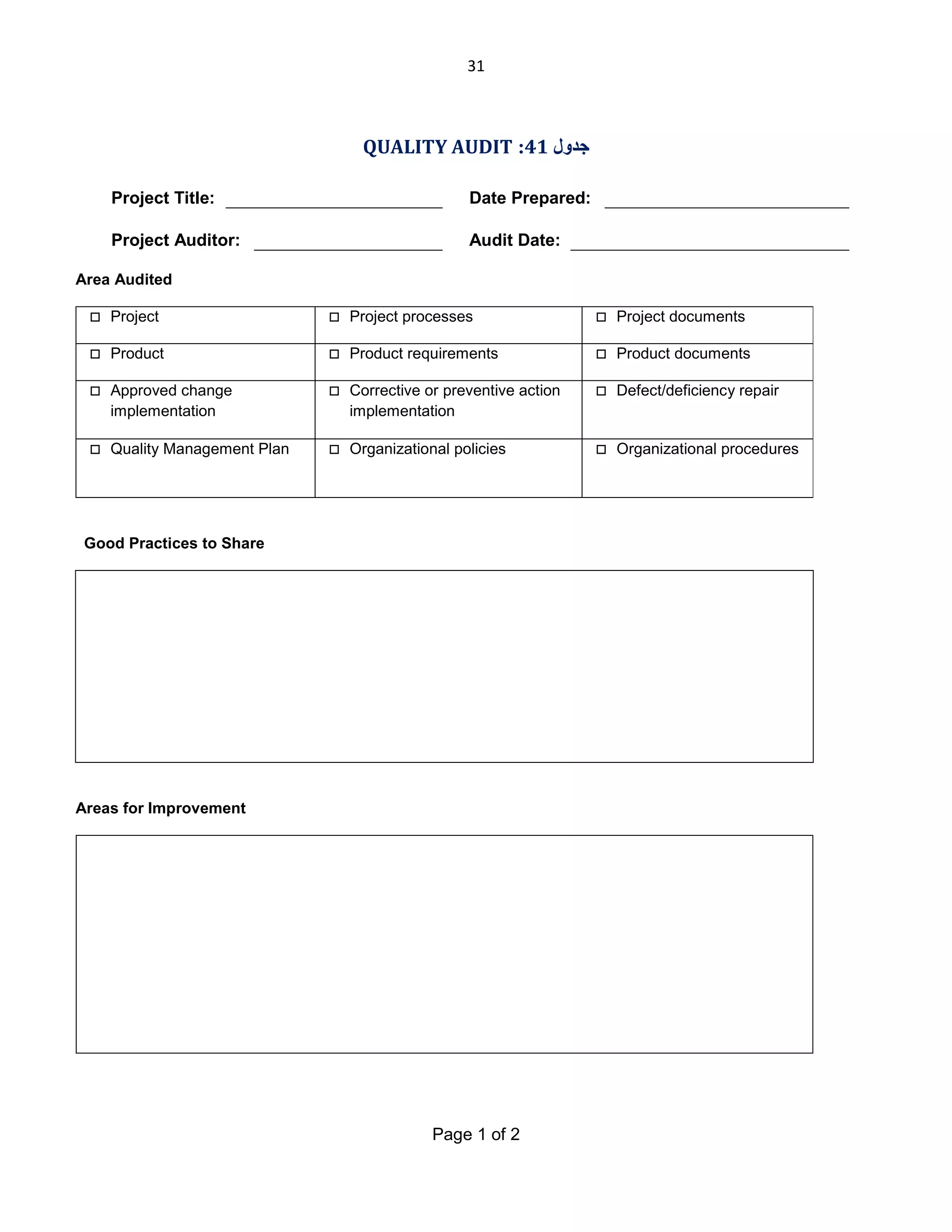 31

QUALITY AUDIT :41 ‫ﺟﺪول‬
Project Title:

Date Prepared:

Project Auditor:

Audit Date:

Area Audited


Project



Project processes



Project documents



Product



Product requirements



Product documents



Approved change
implementation



Corrective or preventive action
implementation



Defect/deficiency repair



Quality Management Plan



Organizational policies



Organizational procedures

Good Practices to Share

Areas for Improvement

Page 1 of 2

 