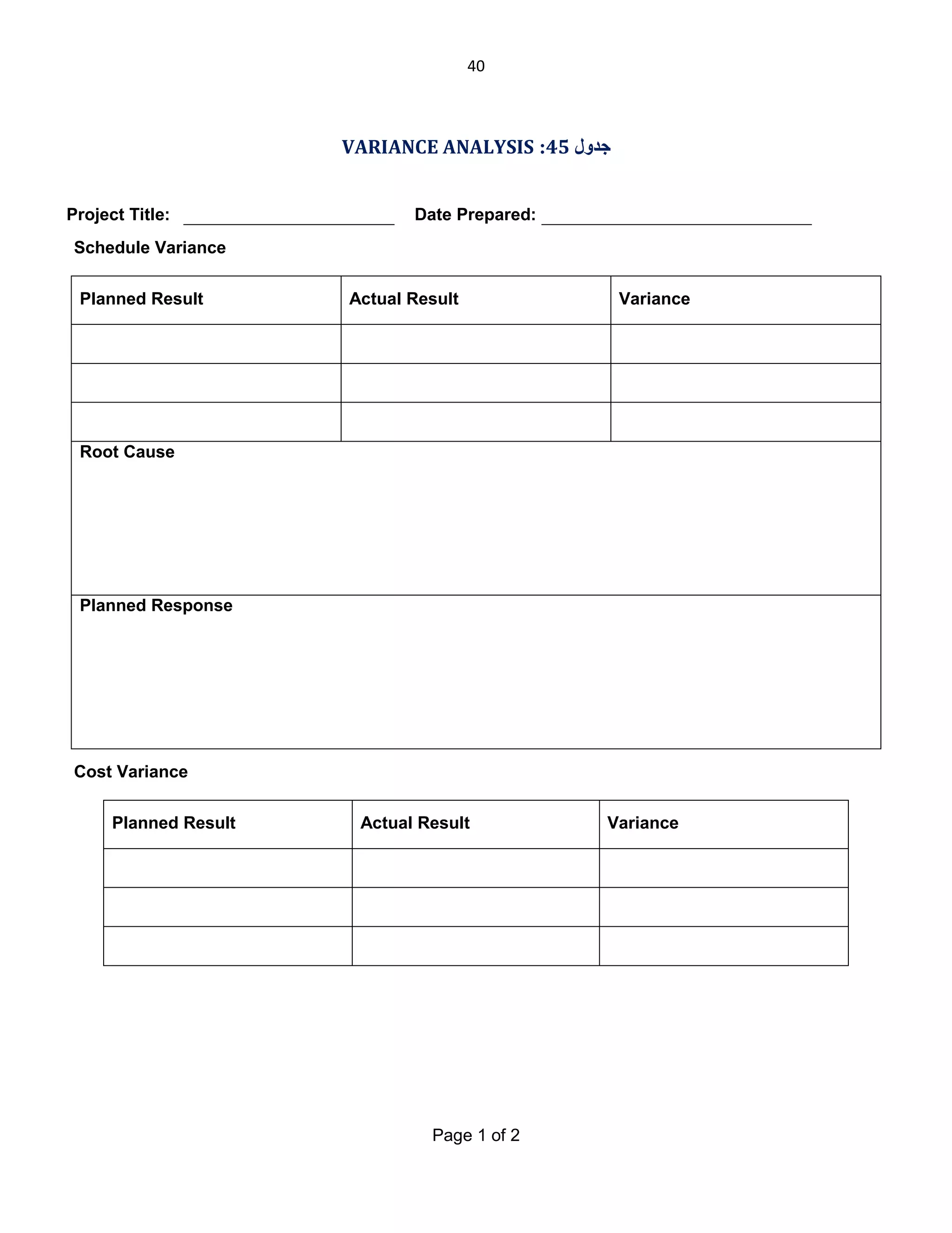 40

VARIANCE ANALYSIS :45 ‫ﺟﺪول‬
Project Title:

Date Prepared:

Schedule Variance
Planned Result

Actual Result

Variance

Root Cause

Planned Response

Cost Variance
Planned Result

Actual Result

Page 1 of 2

Variance

 