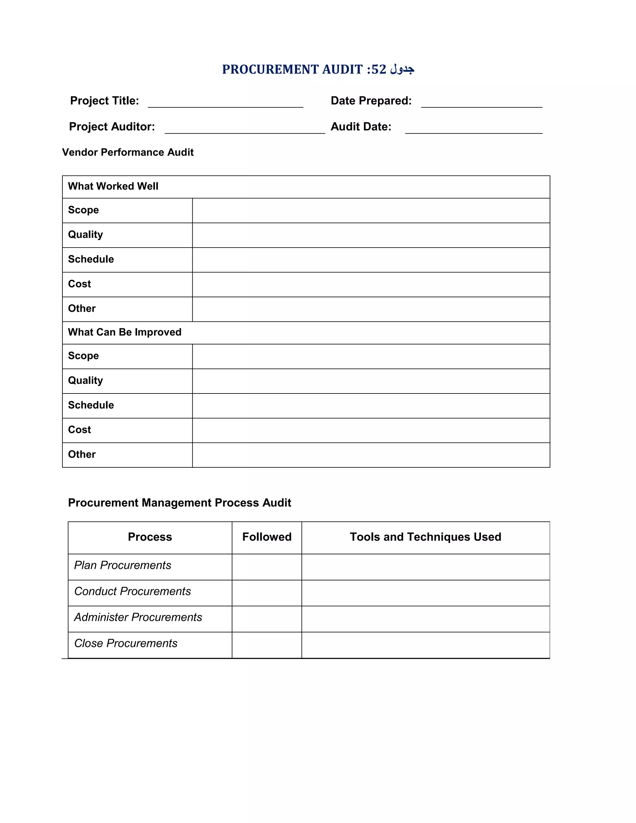PROCUREMENT AUDIT :52 ‫ﺟﺪول‬
Project Title:

Date Prepared:

Project Auditor:

Audit Date:

Vendor Performance Audit
What Worked Well
Scope
Quality
Schedule
Cost
Other
What Can Be Improved
Scope
Quality
Schedule
Cost
Other

Procurement Management Process Audit
Process
Plan Procurements
Conduct Procurements
Administer Procurements
Close Procurements

Followed

Tools and Techniques Used

 