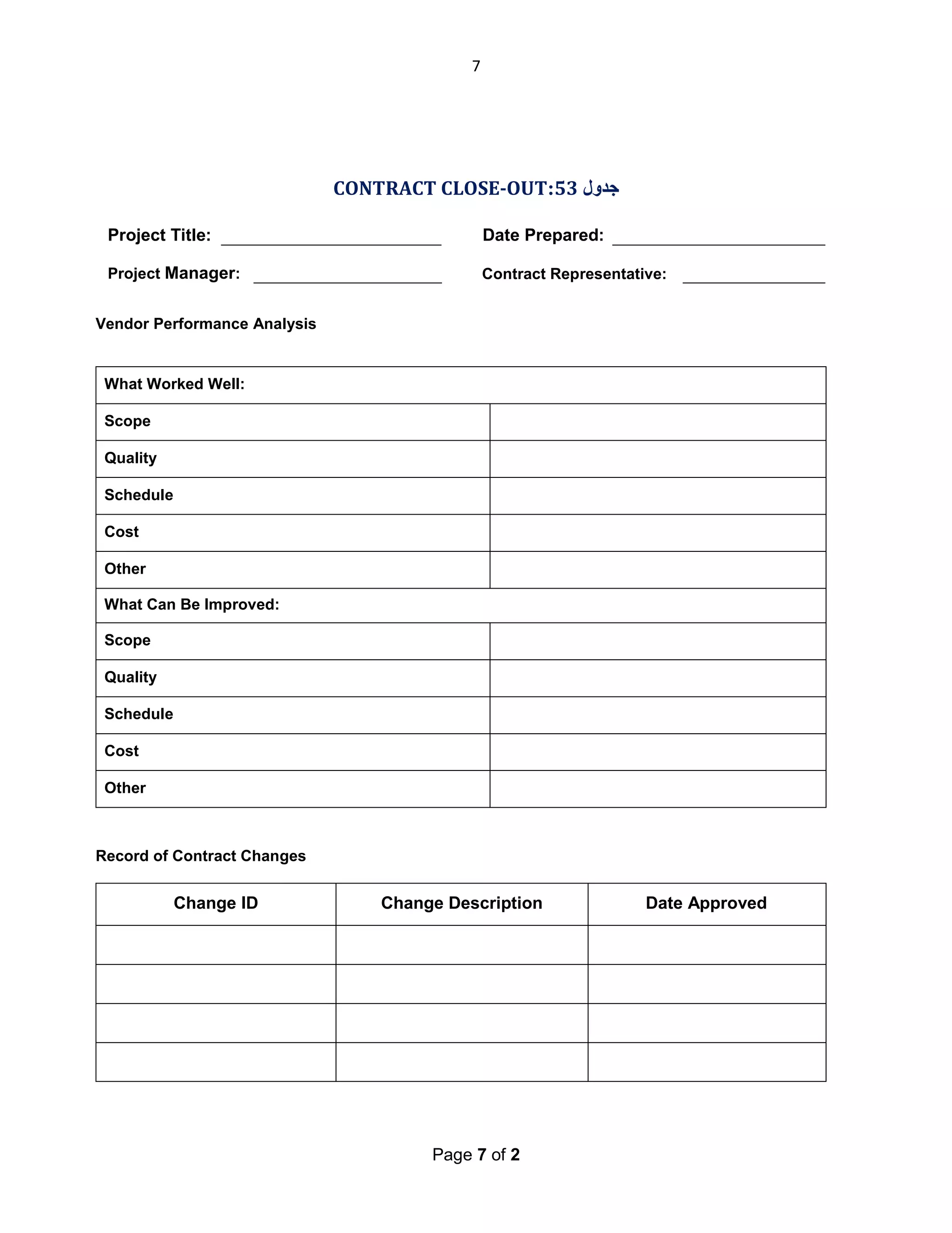 7

CONTRACT CLOSE-OUT:53 ‫ﺟﺪول‬
Project Title:

Date Prepared:

Project Manager:

Contract Representative:

Vendor Performance Analysis

What Worked Well:
Scope
Quality
Schedule
Cost
Other
What Can Be Improved:
Scope
Quality
Schedule
Cost
Other

Record of Contract Changes

Change ID

Change Description

Page 7 of 2

Date Approved

 