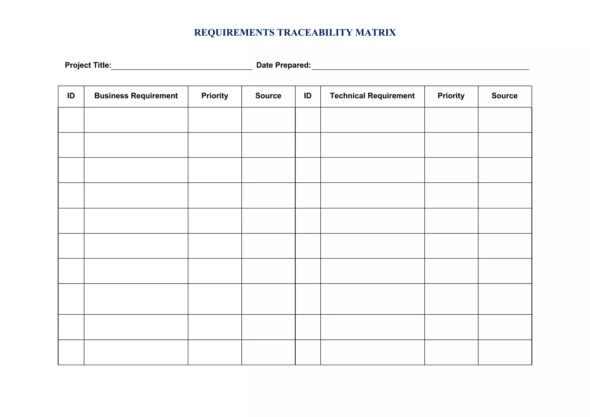 REQUIREMENTS TRACEABILITY MATRIX
Project Title:

ID

Business Requirement

Date Prepared:

Priority

Source

ID

Technical Requirement

Priority

Source

 