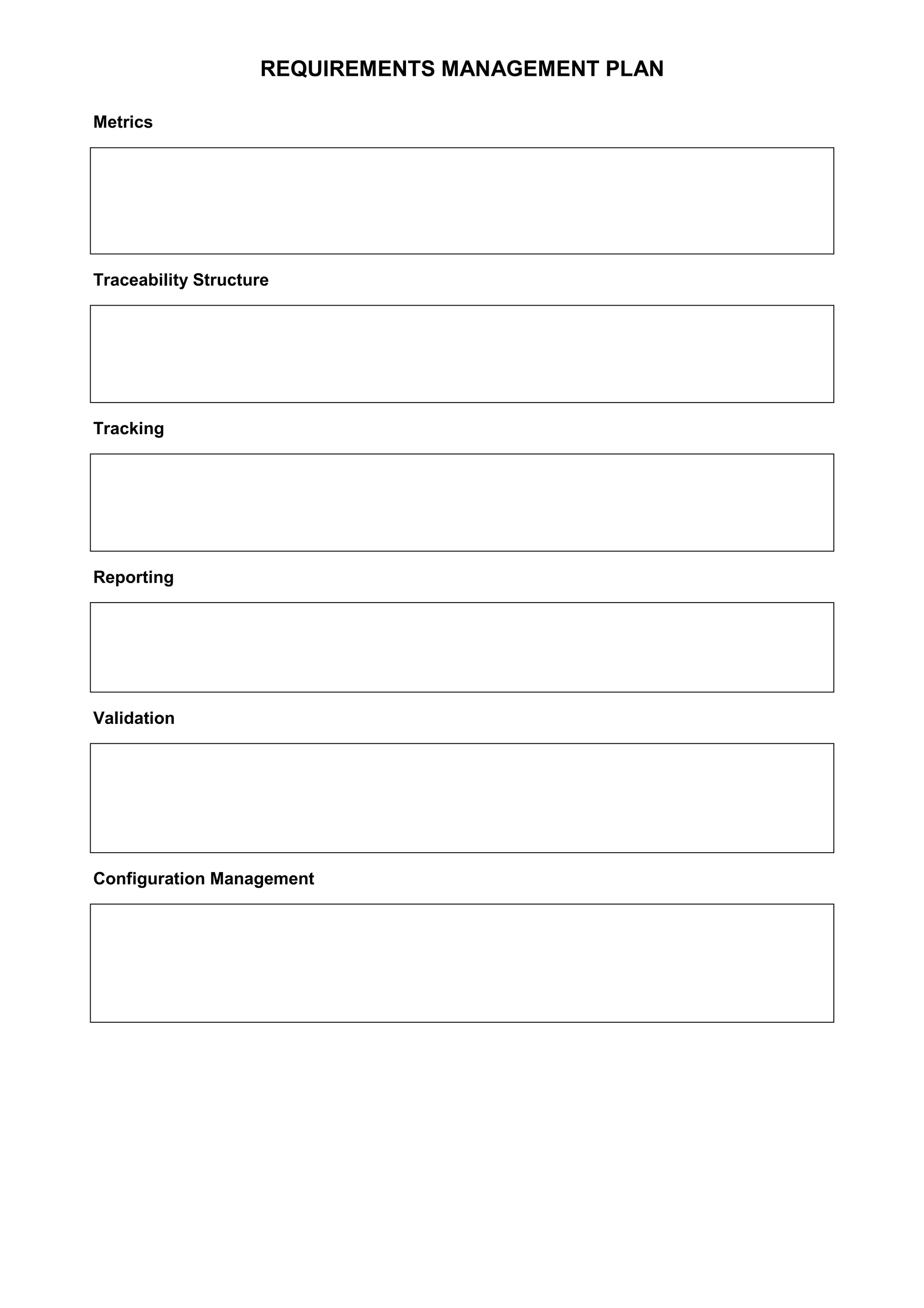 REQUIREMENTS MANAGEMENT PLAN
Metrics

Traceability Structure

Tracking

Reporting

Validation

Configuration Management

 