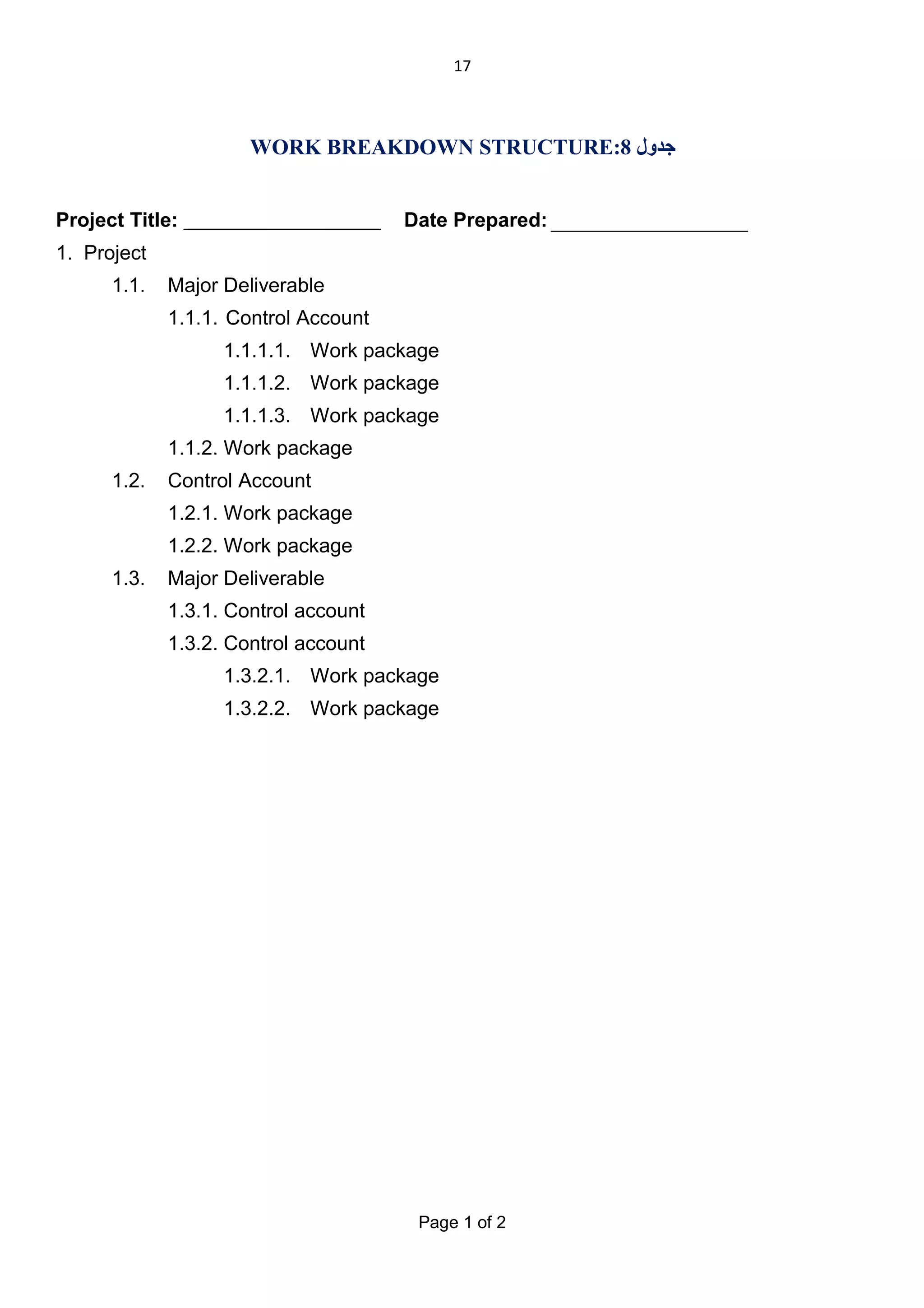 17

WORK BREAKDOWN STRUCTURE:8 ‫ﺟﺪول‬
Project Title:

Date Prepared:

1. Project
1.1.

Major Deliverable
1.1.1. Control Account
1.1.1.1. Work package
1.1.1.2. Work package
1.1.1.3. Work package
1.1.2. Work package

1.2.

Control Account
1.2.1. Work package
1.2.2. Work package

1.3.

Major Deliverable
1.3.1. Control account
1.3.2. Control account
1.3.2.1. Work package
1.3.2.2. Work package

Page 1 of 2

 