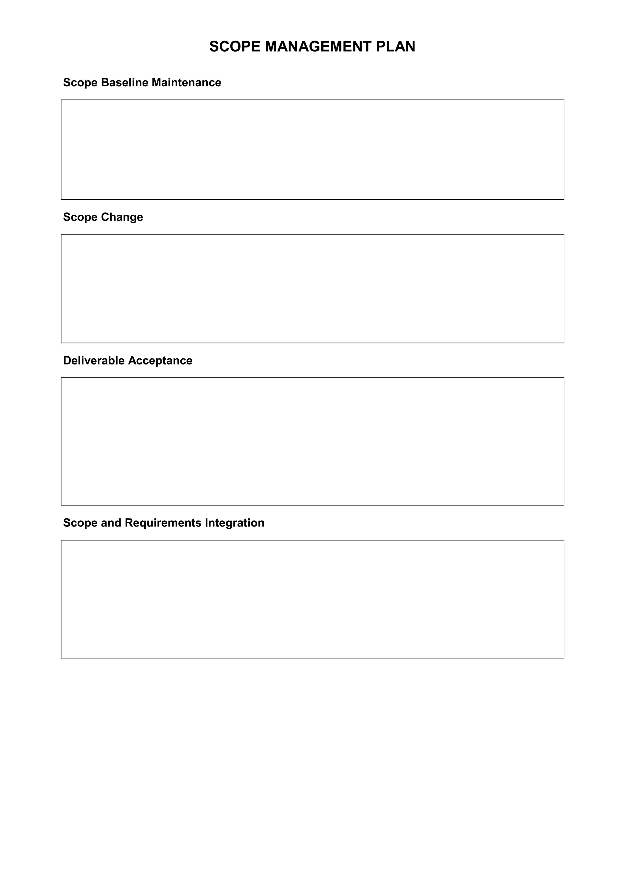 SCOPE MANAGEMENT PLAN
Scope Baseline Maintenance

Scope Change

Deliverable Acceptance

Scope and Requirements Integration

 