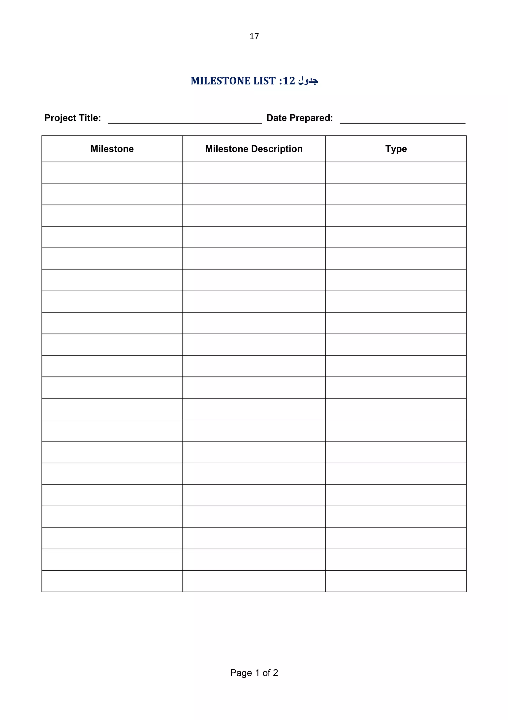 17

MILESTONE LIST :12 ‫ﺟﺪول‬
Project Title:
Milestone

Date Prepared:
Milestone Description

Page 1 of 2

Type

 