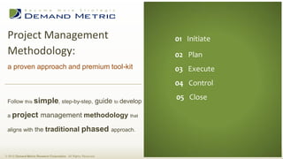 Project Management                                                                  01 01 Initiate Summary
                                                                                         Executive
 Methodology:                                                                        02 Situation Analysis
                                                                                        02 Plan
                                                                                     03 Planning
 a proven approach and premium tool-kit                                                 03 Execute
                                                                                     04 Administration
                                                                                     05 04 Control
                                                                                         Measurement
 Follow this simple, step-by-step,                                guide to develop   06 05 Close
                                                                                         Budget

 a project              management methodology that

 aligns with the            traditional phased                         approach.



© 2012 Demand Metric Research Corporation. All Rights Reserved.
 