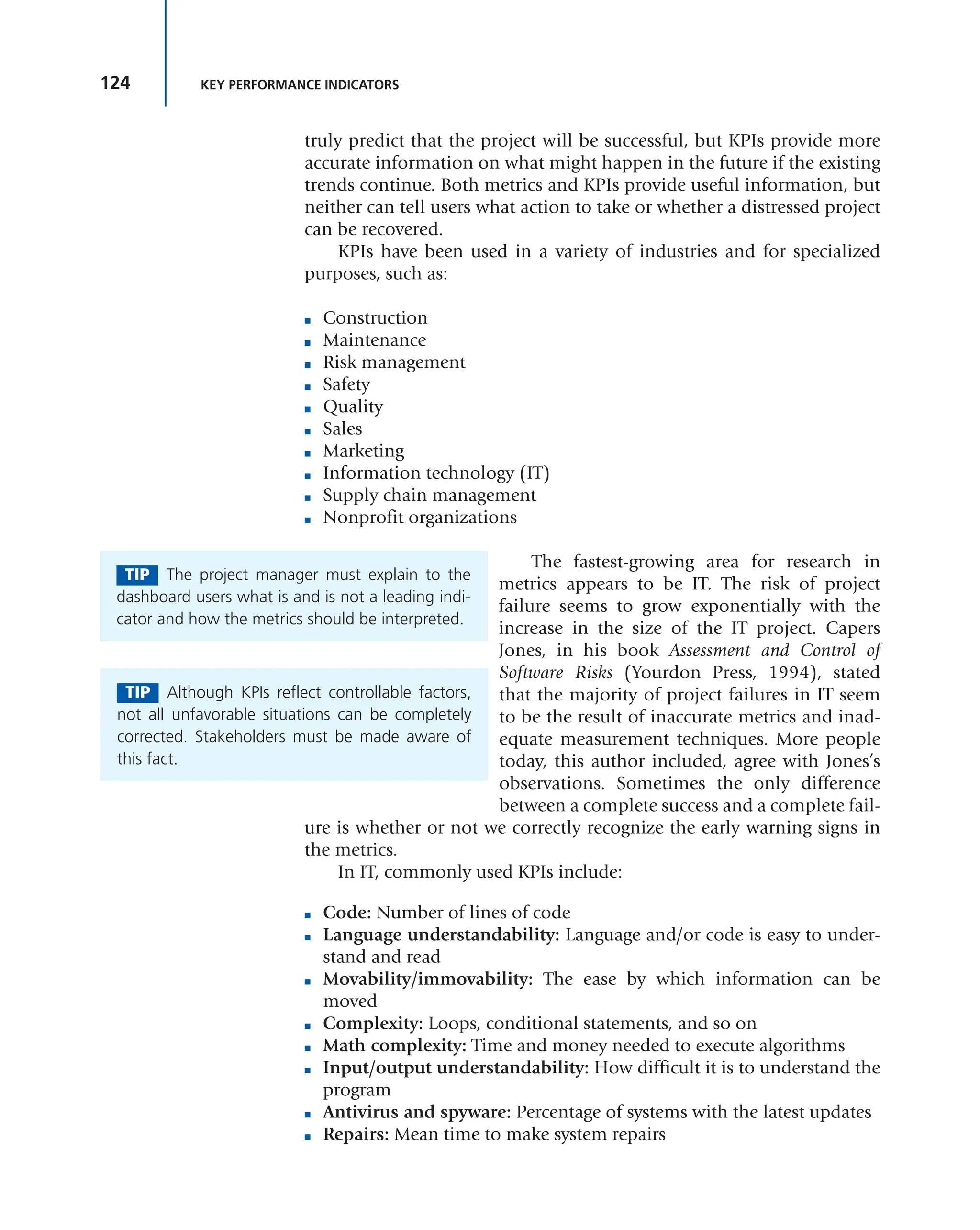 124 KEY PERFORMANCE INDICATORS
truly predict that the project will be successful, but KPIs provide more
accurate information on what might happen in the future if the existing
trends continue. Both metrics and KPIs provide useful information, but
neither can tell users what action to take or whether a distressed project
can be recovered.
KPIs have been used in a variety of industries and for specialized
purposes, such as:
■ Construction
■ Maintenance
■ Risk management
■ Safety
■ Quality
■ Sales
■ Marketing
■ Information technology (IT)
■ Supply chain management
■ Nonprofit organizations
The fastest-growing area for research in
metrics appears to be IT. The risk of project
failure seems to grow exponentially with the
increase in the size of the IT project. Capers
Jones, in his book Assessment and Control of
Software Risks (Yourdon Press, 1994), stated
that the majority of project failures in IT seem
to be the result of inaccurate metrics and inad-
equate measurement techniques. More people
today, this author included, agree with Jones’s
observations. Sometimes the only difference
between a complete success and a complete fail-
ure is whether or not we correctly recognize the early warning signs in
the metrics.
In IT, commonly used KPIs include:
■ Code: Number of lines of code
■ Language understandability: Language and/or code is easy to under-
stand and read
■ Movability/immovability: The ease by which information can be
moved
■ Complexity: Loops, conditional statements, and so on
■ Math complexity: Time and money needed to execute algorithms
■ Input/output understandability: How difficult it is to understand the
program
■ Antivirus and spyware: Percentage of systems with the latest updates
■ Repairs: Mean time to make system repairs
TIP The project manager must explain to the
dashboard users what is and is not a leading indi-
cator and how the metrics should be interpreted.
TIP Although KPIs reflect controllable factors,
not all unfavorable situations can be completely
corrected. Stakeholders must be made aware of
this fact.
 