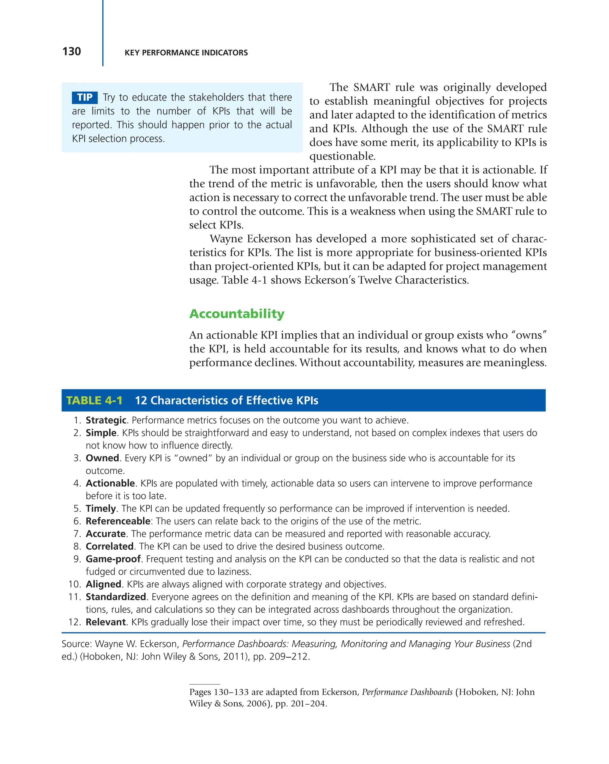 130 KEY PERFORMANCE INDICATORS
The SMART rule was originally developed
to establish meaningful objectives for projects
and later adapted to the identification of metrics
and KPIs. Although the use of the SMART rule
does have some merit, its applicability to KPIs is
questionable.
The most important attribute of a KPI may be that it is actionable. If
the trend of the metric is unfavorable, then the users should know what
action is necessary to correct the unfavorable trend. The user must be able
to control the outcome. This is a weakness when using the SMART rule to
select KPIs.
Wayne Eckerson has developed a more sophisticated set of charac-
teristics for KPIs. The list is more appropriate for business-oriented KPIs
than project-oriented KPIs, but it can be adapted for project management
usage. Table 4-1 shows Eckerson’s Twelve Characteristics.
Accountability
An actionable KPI implies that an individual or group exists who “owns”
the KPI, is held accountable for its results, and knows what to do when
performance declines. Without accountability, measures are meaningless.
TIP Try to educate the stakeholders that there
are limits to the number of KPIs that will be
reported. This should happen prior to the actual
KPI selection process.
TABLE 4-1 12 Characteristics of Effective KPIs
1. Strategic. Performance metrics focuses on the outcome you want to achieve.
2. Simple. KPIs should be straightforward and easy to understand, not based on complex indexes that users do
not know how to influence directly.
3. Owned. Every KPI is “owned” by an individual or group on the business side who is accountable for its
outcome.
4. Actionable. KPIs are populated with timely, actionable data so users can intervene to improve performance
before it is too late.
5. Timely. The KPI can be updated frequently so performance can be improved if intervention is needed.
6. Referenceable: The users can relate back to the origins of the use of the metric.
7. Accurate. The performance metric data can be measured and reported with reasonable accuracy.
8. Correlated. The KPI can be used to drive the desired business outcome.
9. Game-proof. Frequent testing and analysis on the KPI can be conducted so that the data is realistic and not
fudged or circumvented due to laziness.
10. Aligned. KPIs are always aligned with corporate strategy and objectives.
11. Standardized. Everyone agrees on the definition and meaning of the KPI. KPIs are based on standard defini-
tions, rules, and calculations so they can be integrated across dashboards throughout the organization.
12. Relevant. KPIs gradually lose their impact over time, so they must be periodically reviewed and refreshed.
Source: Wayne W. Eckerson, Performance Dashboards: Measuring, Monitoring and Managing Your Business (2nd
ed.) (Hoboken, NJ: John Wiley & Sons, 2011), pp. 209−212.
Pages 130−133 are adapted from Eckerson, Performance Dashboards (Hoboken, NJ: John
Wiley & Sons, 2006), pp. 201–204.
 