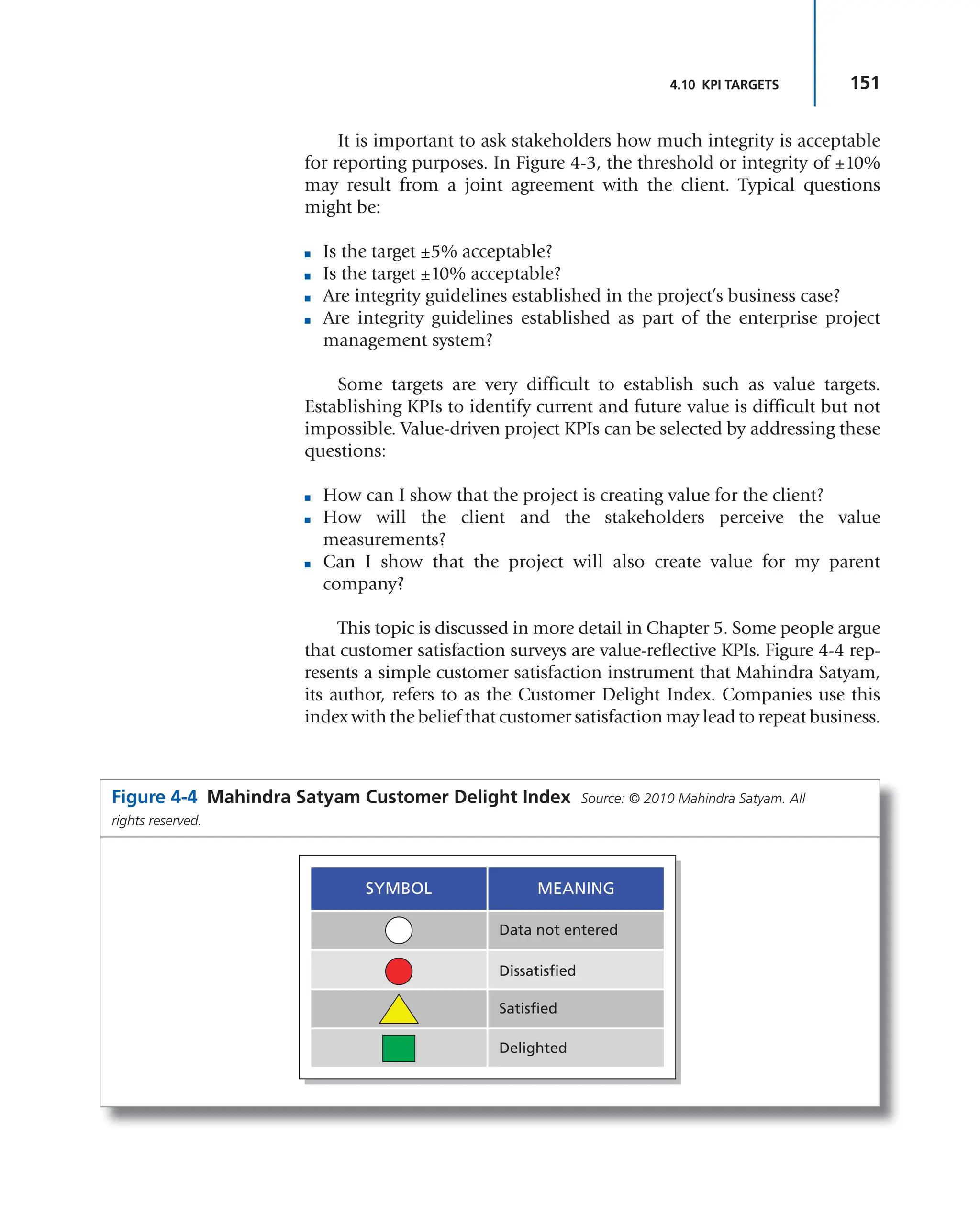 151
4.10 KPI TARGETS
It is important to ask stakeholders how much integrity is acceptable
for reporting purposes. In Figure 4-3, the threshold or integrity of ±10%
may result from a joint agreement with the client. Typical questions
might be:
■ Is the target ±5% acceptable?
■ Is the target ±10% acceptable?
■ Are integrity guidelines established in the project’s business case?
■ Are integrity guidelines established as part of the enterprise project
management system?
Some targets are very difficult to establish such as value targets.
Establishing KPIs to identify current and future value is difficult but not
impossible. Value-driven project KPIs can be selected by addressing these
questions:
■ How can I show that the project is creating value for the client?
■ How will the client and the stakeholders perceive the value
measurements?
■ Can I show that the project will also create value for my parent
company?
This topic is discussed in more detail in Chapter 5. Some people argue
that customer satisfaction surveys are value-reflective KPIs. Figure 4-4 rep-
resents a simple customer satisfaction instrument that Mahindra Satyam,
its author, refers to as the Customer Delight Index. Companies use this
index with the belief that customer satisfaction may lead to repeat business.
Figure 4-4 Mahindra Satyam Customer Delight Index Source: © 2010 Mahindra Satyam. All
rights reserved.
SYMBOL MEANING
Data not entered
Dissatisfied
Satisfied
Delighted
 