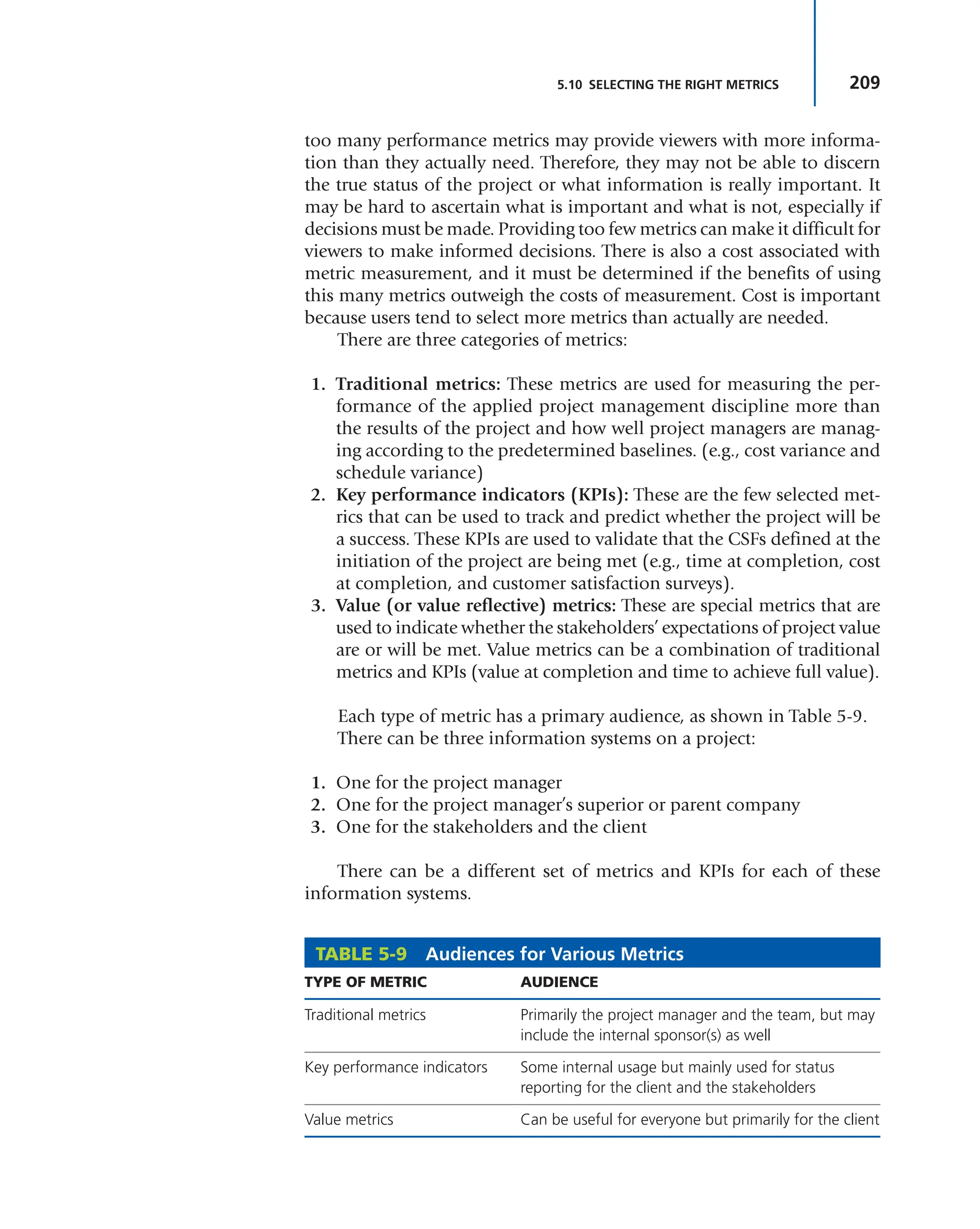209
5.10 SELECTING THE RIGHT METRICS
too many performance metrics may provide viewers with more informa-
tion than they actually need. Therefore, they may not be able to discern
the true status of the project or what information is really important. It
may be hard to ascertain what is important and what is not, especially if
decisions must be made. Providing too few metrics can make it difficult for
viewers to make informed decisions. There is also a cost associated with
metric measurement, and it must be determined if the benefits of using
this many metrics outweigh the costs of measurement. Cost is important
because users tend to select more metrics than actually are needed.
There are three categories of metrics:
1. Traditional metrics: These metrics are used for measuring the per-
formance of the applied project management discipline more than
the results of the project and how well project managers are manag-
ing according to the predetermined baselines. (e.g., cost variance and
schedule variance)
2. Key performance indicators (KPIs): These are the few selected met-
rics that can be used to track and predict whether the project will be
a success. These KPIs are used to validate that the CSFs defined at the
initiation of the project are being met (e.g., time at completion, cost
at completion, and customer satisfaction surveys).
3. Value (or value reflective) metrics: These are special metrics that are
used to indicate whether the stakeholders’ expectations of project value
are or will be met. Value metrics can be a combination of traditional
metrics and KPIs (value at completion and time to achieve full value).
Each type of metric has a primary audience, as shown in Table 5-9.
There can be three information systems on a project:
1. One for the project manager
2. One for the project manager’s superior or parent company
3. One for the stakeholders and the client
There can be a different set of metrics and KPIs for each of these
information systems.
TABLE 5-9 Audiences for Various Metrics
TYPE OF METRIC AUDIENCE
Traditional metrics Primarily the project manager and the team, but may
include the internal sponsor(s) as well
Key performance indicators Some internal usage but mainly used for status
reporting for the client and the stakeholders
Value metrics Can be useful for everyone but primarily for the client
 