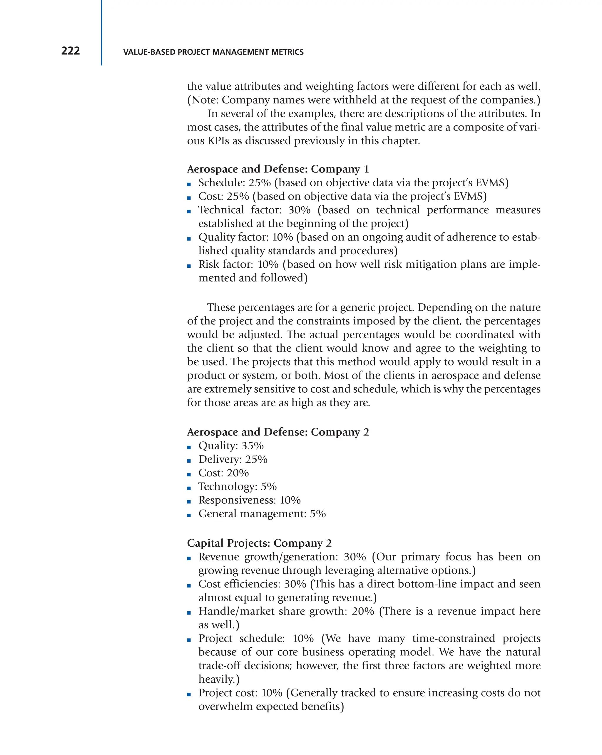 222 VALUE-BASED PROJECT MANAGEMENT METRICS
the value attributes and weighting factors were different for each as well.
(Note: Company names were withheld at the request of the companies.)
In several of the examples, there are descriptions of the attributes. In
most cases, the attributes of the final value metric are a composite of vari-
ous KPIs as discussed previously in this chapter.
Aerospace and Defense: Company 1
■ Schedule: 25% (based on objective data via the project’s EVMS)
■ Cost: 25% (based on objective data via the project’s EVMS)
■ Technical factor: 30% (based on technical performance measures
established at the beginning of the project)
■ Quality factor: 10% (based on an ongoing audit of adherence to estab-
lished quality standards and procedures)
■ Risk factor: 10% (based on how well risk mitigation plans are imple-
mented and followed)
These percentages are for a generic project. Depending on the nature
of the project and the constraints imposed by the client, the percentages
would be adjusted. The actual percentages would be coordinated with
the client so that the client would know and agree to the weighting to
be used. The projects that this method would apply to would result in a
product or system, or both. Most of the clients in aerospace and defense
are extremely sensitive to cost and schedule, which is why the percentages
for those areas are as high as they are.
Aerospace and Defense: Company 2
■ Quality: 35%
■ Delivery: 25%
■ Cost: 20%
■ Technology: 5%
■ Responsiveness: 10%
■ General management: 5%
Capital Projects: Company 2
■ Revenue growth/generation: 30% (Our primary focus has been on
growing revenue through leveraging alternative options.)
■ Cost efficiencies: 30% (This has a direct bottom-line impact and seen
almost equal to generating revenue.)
■ Handle/market share growth: 20% (There is a revenue impact here
as well.)
■ Project schedule: 10% (We have many time-constrained projects
because of our core business operating model. We have the natural
trade-off decisions; however, the first three factors are weighted more
heavily.)
■ Project cost: 10% (Generally tracked to ensure increasing costs do not
overwhelm expected benefits)
 