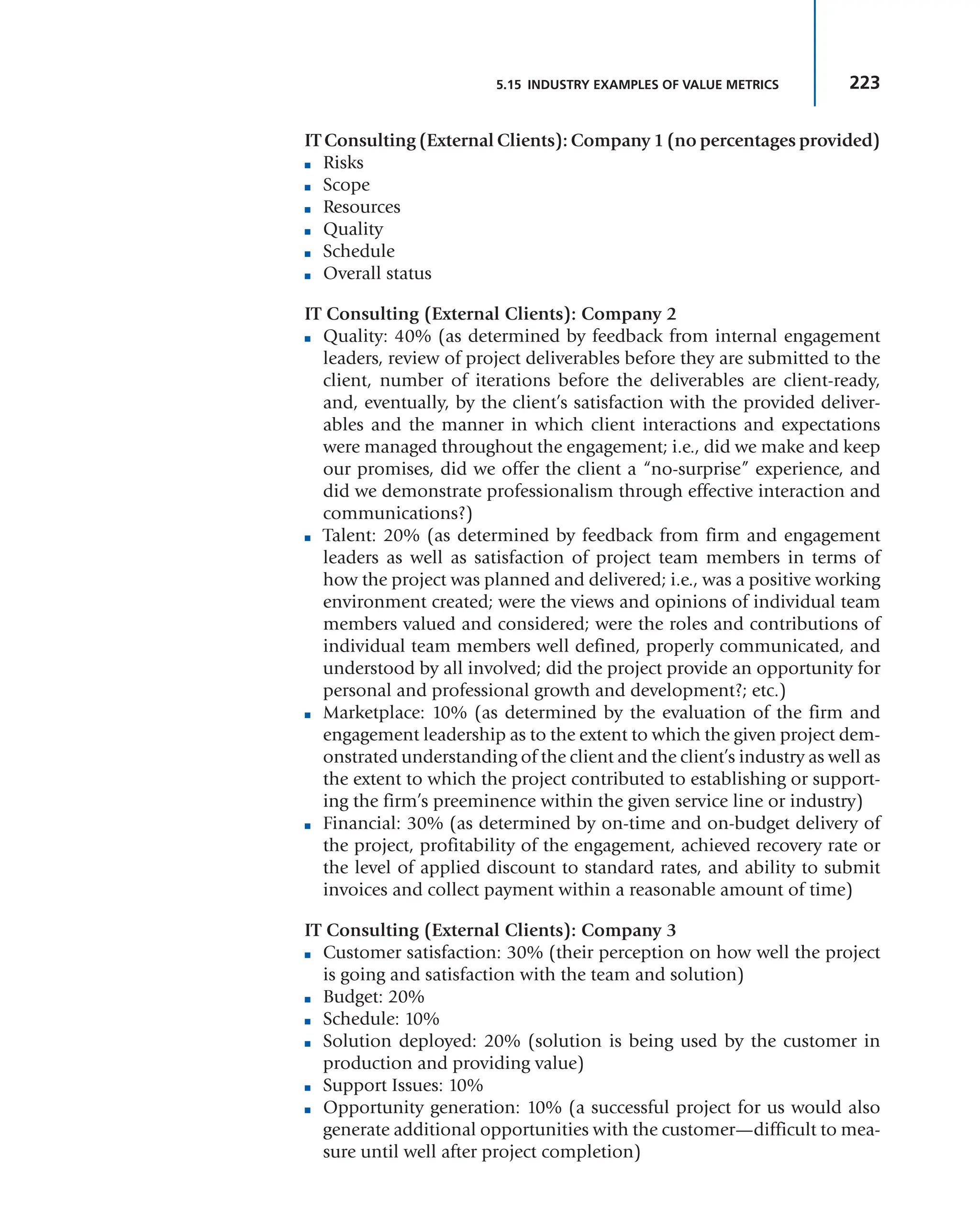 223
5.15 INDUSTRY EXAMPLES OF VALUE METRICS
IT Consulting (External Clients): Company 1 (no percentages provided)
■ Risks
■ Scope
■ Resources
■ Quality
■ Schedule
■ Overall status
IT Consulting (External Clients): Company 2
■ Quality: 40% (as determined by feedback from internal engagement
leaders, review of project deliverables before they are submitted to the
client, number of iterations before the deliverables are client-ready,
and, eventually, by the client’s satisfaction with the provided deliver-
ables and the manner in which client interactions and expectations
were managed throughout the engagement; i.e., did we make and keep
our promises, did we offer the client a “no-surprise” experience, and
did we demonstrate professionalism through effective interaction and
communications?)
■ Talent: 20% (as determined by feedback from firm and engagement
leaders as well as satisfaction of project team members in terms of
how the project was planned and delivered; i.e., was a positive working
environment created; were the views and opinions of individual team
members valued and considered; were the roles and contributions of
individual team members well defined, properly communicated, and
understood by all involved; did the project provide an opportunity for
personal and professional growth and development?; etc.)
■ Marketplace: 10% (as determined by the evaluation of the firm and
engagement leadership as to the extent to which the given project dem-
onstrated understanding of the client and the client’s industry as well as
the extent to which the project contributed to establishing or support-
ing the firm’s preeminence within the given service line or industry)
■ Financial: 30% (as determined by on-time and on-budget delivery of
the project, profitability of the engagement, achieved recovery rate or
the level of applied discount to standard rates, and ability to submit
invoices and collect payment within a reasonable amount of time)
IT Consulting (External Clients): Company 3
■ Customer satisfaction: 30% (their perception on how well the project
is going and satisfaction with the team and solution)
■ Budget: 20%
■ Schedule: 10%
■ Solution deployed: 20% (solution is being used by the customer in
production and providing value)
■ Support Issues: 10%
■ Opportunity generation: 10% (a successful project for us would also
generate additional opportunities with the customer—difficult to mea-
sure until well after project completion)
 
