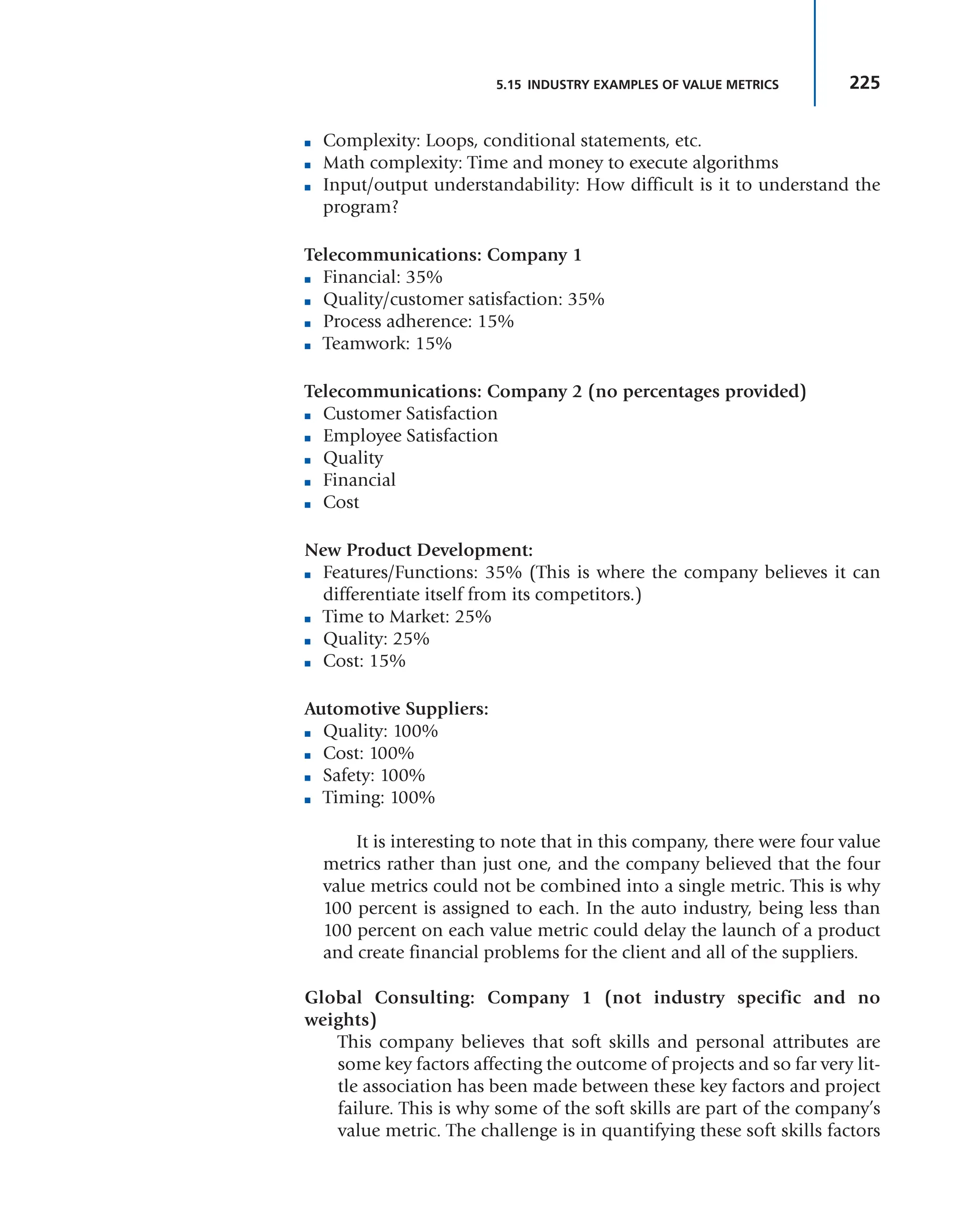 225
5.15 INDUSTRY EXAMPLES OF VALUE METRICS
■ Complexity: Loops, conditional statements, etc.
■ Math complexity: Time and money to execute algorithms
■ Input/output understandability: How difficult is it to understand the
program?
Telecommunications: Company 1
■ Financial: 35%
■ Quality/customer satisfaction: 35%
■ Process adherence: 15%
■ Teamwork: 15%
Telecommunications: Company 2 (no percentages provided)
■ Customer Satisfaction
■ Employee Satisfaction
■ Quality
■ Financial
■ Cost
New Product Development:
■ Features/Functions: 35% (This is where the company believes it can
differentiate itself from its competitors.)
■ Time to Market: 25%
■ Quality: 25%
■ Cost: 15%
Automotive Suppliers:
■ Quality: 100%
■ Cost: 100%
■ Safety: 100%
■ Timing: 100%
It is interesting to note that in this company, there were four value
metrics rather than just one, and the company believed that the four
value metrics could not be combined into a single metric. This is why
100 percent is assigned to each. In the auto industry, being less than
100 percent on each value metric could delay the launch of a product
and create financial problems for the client and all of the suppliers.
Global Consulting: Company 1 (not industry specific and no
weights)
This company believes that soft skills and personal attributes are
some key factors affecting the outcome of projects and so far very lit-
tle association has been made between these key factors and project
failure. This is why some of the soft skills are part of the company’s
value metric. The challenge is in quantifying these soft skills factors
 