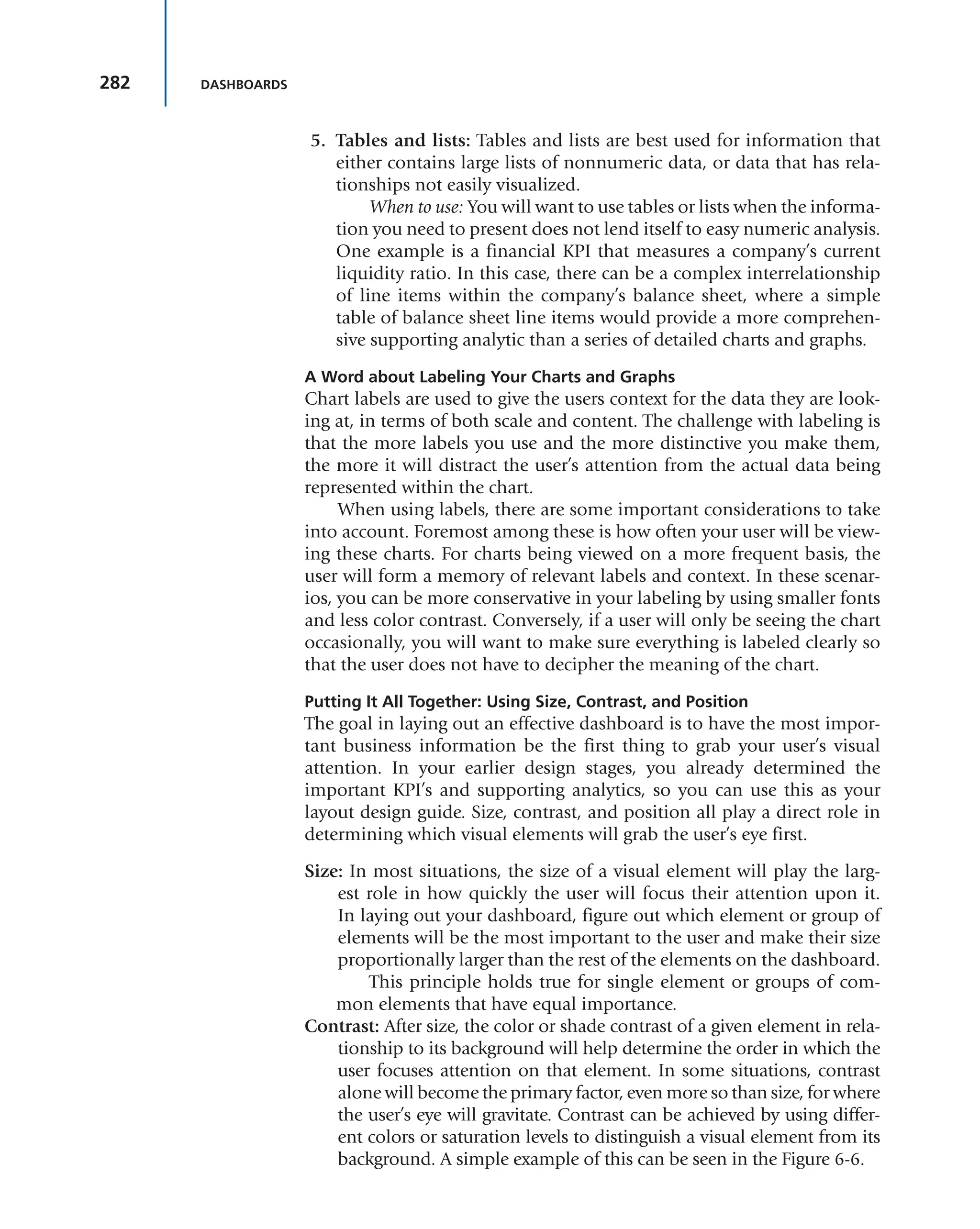 282 DASHBOARDS
5. Tables and lists: Tables and lists are best used for information that
either contains large lists of nonnumeric data, or data that has rela-
tionships not easily visualized.
When to use: You will want to use tables or lists when the informa-
tion you need to present does not lend itself to easy numeric analysis.
One example is a financial KPI that measures a company’s current
liquidity ratio. In this case, there can be a complex interrelationship
of line items within the company’s balance sheet, where a simple
table of balance sheet line items would provide a more comprehen-
sive supporting analytic than a series of detailed charts and graphs.
A Word about Labeling Your Charts and Graphs
Chart labels are used to give the users context for the data they are look-
ing at, in terms of both scale and content. The challenge with labeling is
that the more labels you use and the more distinctive you make them,
the more it will distract the user’s attention from the actual data being
represented within the chart.
When using labels, there are some important considerations to take
into account. Foremost among these is how often your user will be view-
ing these charts. For charts being viewed on a more frequent basis, the
user will form a memory of relevant labels and context. In these scenar-
ios, you can be more conservative in your labeling by using smaller fonts
and less color contrast. Conversely, if a user will only be seeing the chart
occasionally, you will want to make sure everything is labeled clearly so
that the user does not have to decipher the meaning of the chart.
Putting It All Together: Using Size, Contrast, and Position
The goal in laying out an effective dashboard is to have the most impor-
tant business information be the first thing to grab your user’s visual
attention. In your earlier design stages, you already determined the
important KPI’s and supporting analytics, so you can use this as your
layout design guide. Size, contrast, and position all play a direct role in
determining which visual elements will grab the user’s eye first.
Size: In most situations, the size of a visual element will play the larg-
est role in how quickly the user will focus their attention upon it.
In laying out your dashboard, figure out which element or group of
elements will be the most important to the user and make their size
proportionally larger than the rest of the elements on the dashboard.
This principle holds true for single element or groups of com-
mon elements that have equal importance.
Contrast: After size, the color or shade contrast of a given element in rela-
tionship to its background will help determine the order in which the
user focuses attention on that element. In some situations, contrast
alone will become the primary factor, even more so than size, for where
the user’s eye will gravitate. Contrast can be achieved by using differ-
ent colors or saturation levels to distinguish a visual element from its
background. A simple example of this can be seen in the Figure 6-6.
 