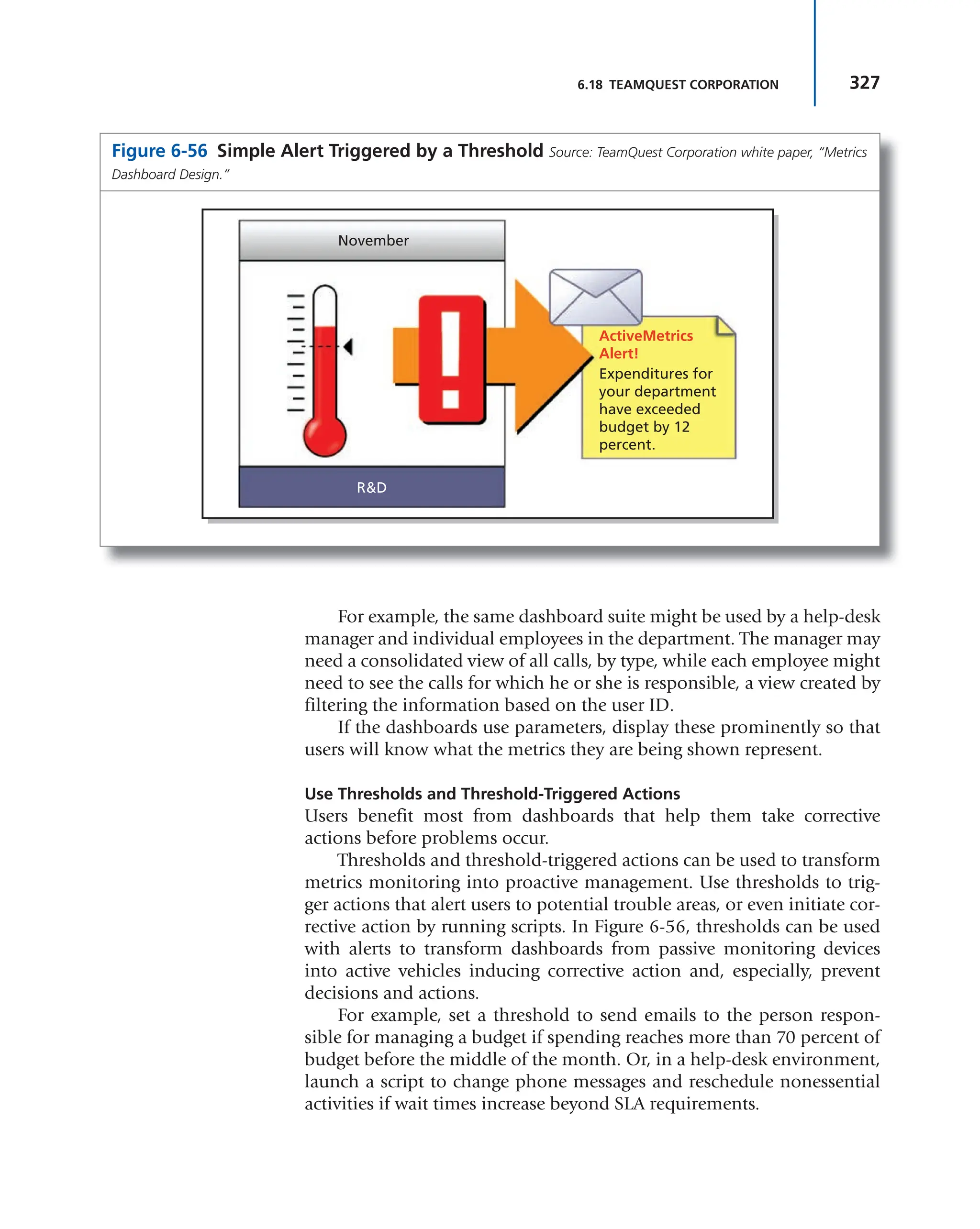327
6.18 TEAMQUEST CORPORATION
For example, the same dashboard suite might be used by a help-desk
manager and individual employees in the department. The manager may
need a consolidated view of all calls, by type, while each employee might
need to see the calls for which he or she is responsible, a view created by
filtering the information based on the user ID.
If the dashboards use parameters, display these prominently so that
users will know what the metrics they are being shown represent.
Use Thresholds and Threshold-Triggered Actions
Users benefit most from dashboards that help them take corrective
actions before problems occur.
Thresholds and threshold-triggered actions can be used to transform
metrics monitoring into proactive management. Use thresholds to trig-
ger actions that alert users to potential trouble areas, or even initiate cor-
rective action by running scripts. In Figure 6-56, thresholds can be used
with alerts to transform dashboards from passive monitoring devices
into active vehicles inducing corrective action and, especially, prevent
decisions and actions.
For example, set a threshold to send emails to the person respon-
sible for managing a budget if spending reaches more than 70 percent of
budget before the middle of the month. Or, in a help-desk environment,
launch a script to change phone messages and reschedule nonessential
activities if wait times increase beyond SLA requirements.
Figure 6-56 Simple Alert Triggered by a Threshold Source: TeamQuest Corporation white paper, “Metrics
Dashboard Design.”
November
ActiveMetrics
Alert!
R&D
Expenditures for
your department
have exceeded
budget by 12
percent.
 