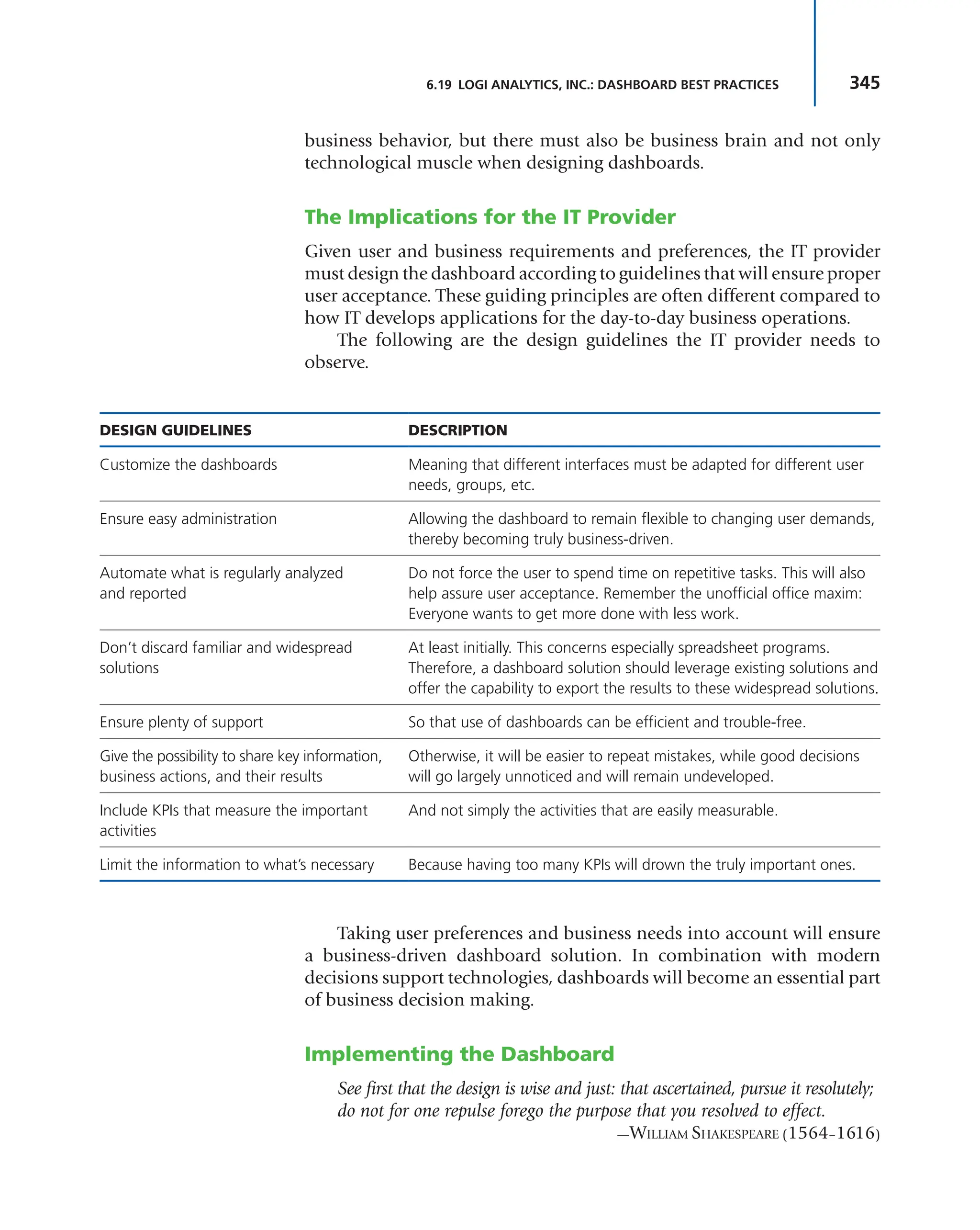 345
6.19 LOGI ANALYTICS, INC.: DASHBOARD BEST PRACTICES
business behavior, but there must also be business brain and not only
technological muscle when designing dashboards.
The Implications for the IT Provider
Given user and business requirements and preferences, the IT provider
must design the dashboard according to guidelines that will ensure proper
user acceptance. These guiding principles are often different compared to
how IT develops applications for the day-to-day business operations.
The following are the design guidelines the IT provider needs to
observe.
DESIGN GUIDELINES DESCRIPTION
Customize the dashboards Meaning that different interfaces must be adapted for different user
needs, groups, etc.
Ensure easy administration Allowing the dashboard to remain flexible to changing user demands,
thereby becoming truly business-driven.
Automate what is regularly analyzed
and reported
Do not force the user to spend time on repetitive tasks. This will also
help assure user acceptance. Remember the unofficial office maxim:
Everyone wants to get more done with less work.
Don’t discard familiar and widespread
solutions
At least initially. This concerns especially spreadsheet programs.
Therefore, a dashboard solution should leverage existing solutions and
offer the capability to export the results to these widespread solutions.
Ensure plenty of support So that use of dashboards can be efficient and trouble-free.
Give the possibility to share key information,
business actions, and their results
Otherwise, it will be easier to repeat mistakes, while good decisions
will go largely unnoticed and will remain undeveloped.
Include KPIs that measure the important
activities
And not simply the activities that are easily measurable.
Limit the information to what’s necessary Because having too many KPIs will drown the truly important ones.
Taking user preferences and business needs into account will ensure
a business-driven dashboard solution. In combination with modern
decisions support technologies, dashboards will become an essential part
of business decision making.
Implementing the Dashboard
See first that the design is wise and just: that ascertained, pursue it resolutely;
do not for one repulse forego the purpose that you resolved to effect.
—WILLIAM SHAKESPEARE (1564–1616)
 