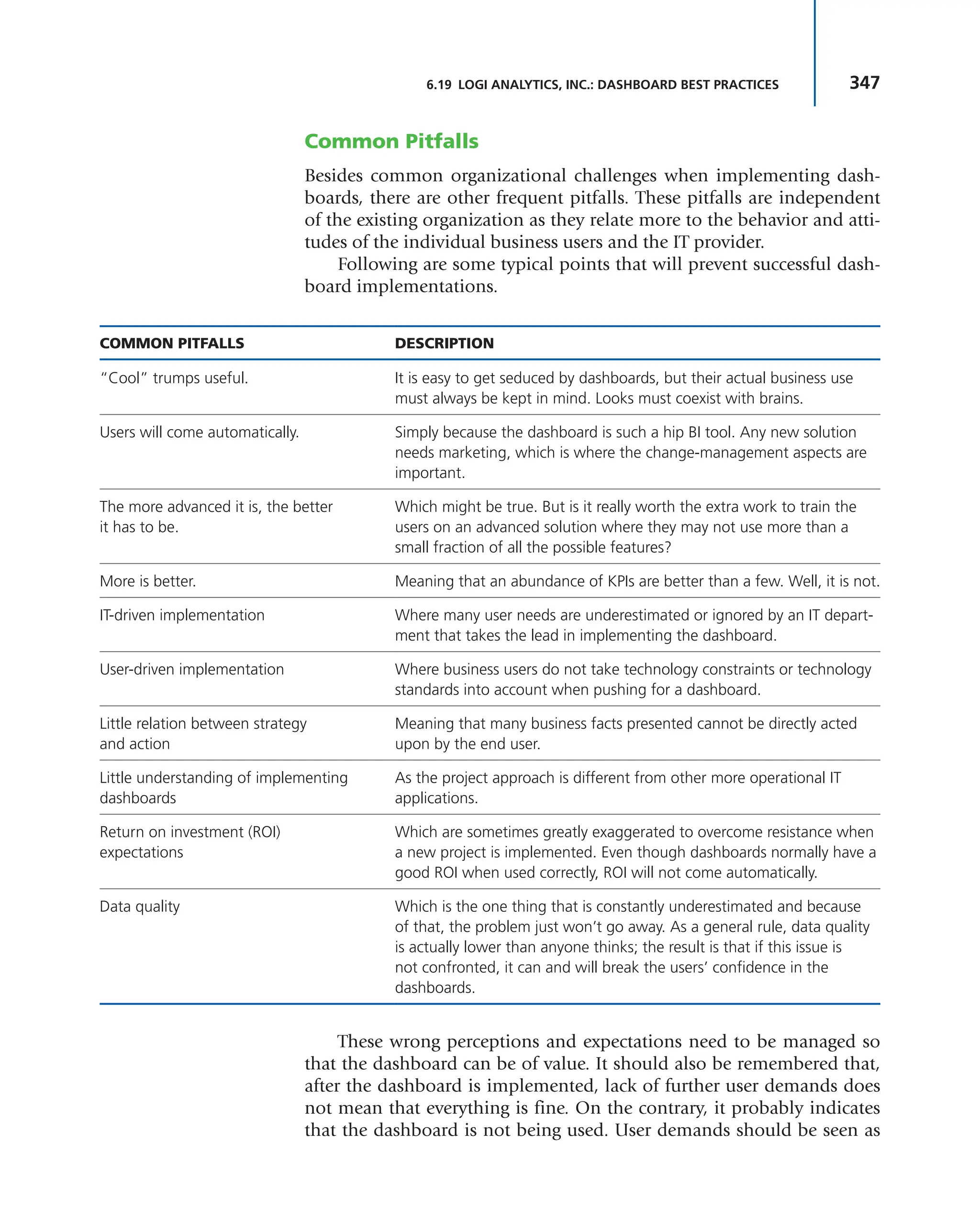347
6.19 LOGI ANALYTICS, INC.: DASHBOARD BEST PRACTICES
Common Pitfalls
Besides common organizational challenges when implementing dash-
boards, there are other frequent pitfalls. These pitfalls are independent
of the existing organization as they relate more to the behavior and atti-
tudes of the individual business users and the IT provider.
Following are some typical points that will prevent successful dash-
board implementations.
COMMON PITFALLS DESCRIPTION
“Cool” trumps useful. It is easy to get seduced by dashboards, but their actual business use
must always be kept in mind. Looks must coexist with brains.
Users will come automatically. Simply because the dashboard is such a hip BI tool. Any new solution
needs marketing, which is where the change-management aspects are
important.
The more advanced it is, the better
it has to be.
Which might be true. But is it really worth the extra work to train the
users on an advanced solution where they may not use more than a
small fraction of all the possible features?
More is better. Meaning that an abundance of KPIs are better than a few. Well, it is not.
IT-driven implementation Where many user needs are underestimated or ignored by an IT depart-
ment that takes the lead in implementing the dashboard.
User-driven implementation Where business users do not take technology constraints or technology
standards into account when pushing for a dashboard.
Little relation between strategy
and action
Meaning that many business facts presented cannot be directly acted
upon by the end user.
Little understanding of implementing
dashboards
As the project approach is different from other more operational IT
applications.
Return on investment (ROI)
expectations
Which are sometimes greatly exaggerated to overcome resistance when
a new project is implemented. Even though dashboards normally have a
good ROI when used correctly, ROI will not come automatically.
Data quality Which is the one thing that is constantly underestimated and because
of that, the problem just won’t go away. As a general rule, data quality
is actually lower than anyone thinks; the result is that if this issue is
not confronted, it can and will break the users’ confidence in the
dashboards.
These wrong perceptions and expectations need to be managed so
that the dashboard can be of value. It should also be remembered that,
after the dashboard is implemented, lack of further user demands does
not mean that everything is fine. On the contrary, it probably indicates
that the dashboard is not being used. User demands should be seen as
 