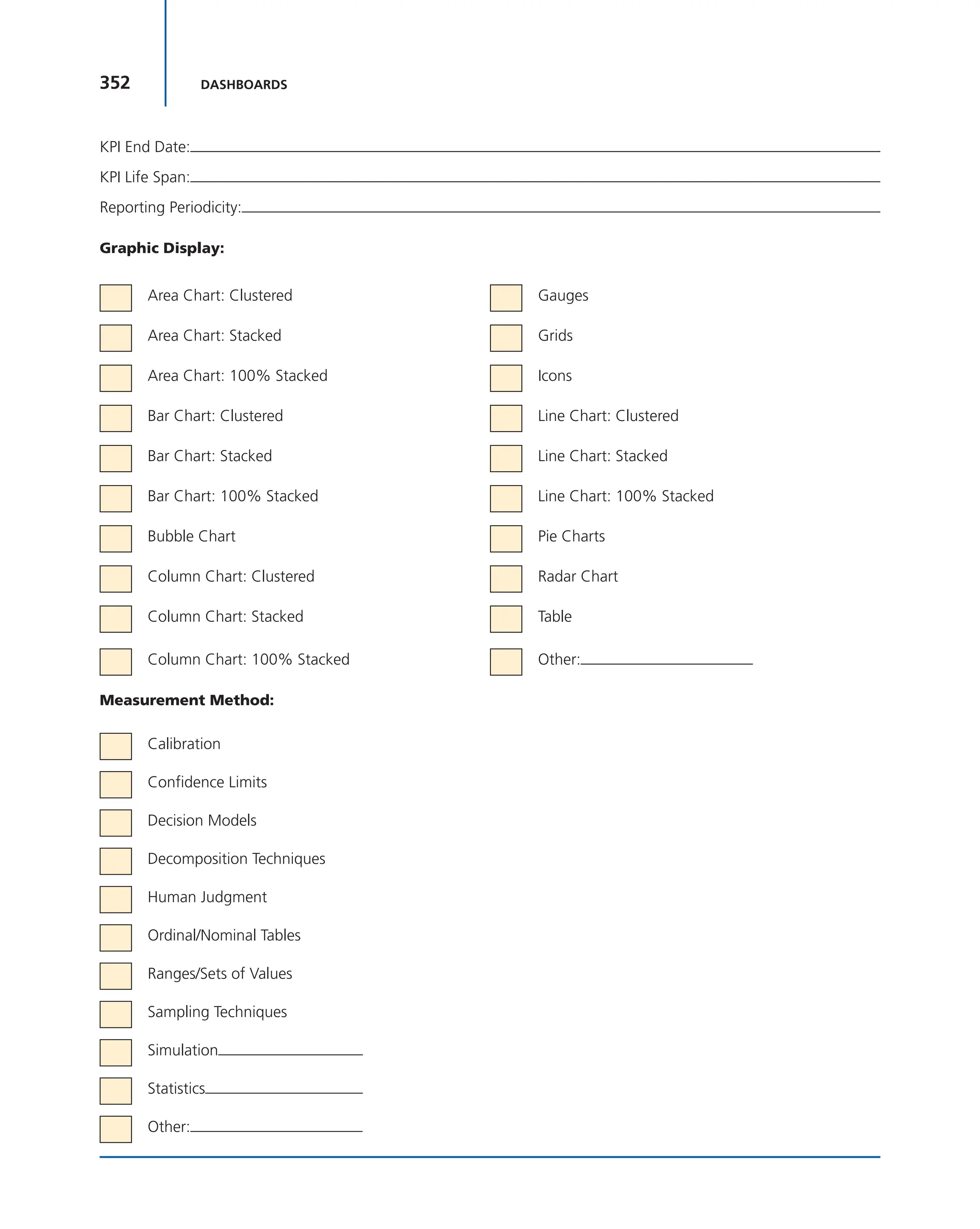 352 DASHBOARDS
KPI End Date:
KPI Life Span:
Reporting Periodicity:
Graphic Display:
Area Chart: Clustered Gauges
Area Chart: Stacked Grids
Area Chart: 100% Stacked Icons
Bar Chart: Clustered Line Chart: Clustered
Bar Chart: Stacked Line Chart: Stacked
Bar Chart: 100% Stacked Line Chart: 100% Stacked
Bubble Chart Pie Charts
Column Chart: Clustered Radar Chart
Column Chart: Stacked Table
Column Chart: 100% Stacked Other:
Measurement Method:
Calibration
Confidence Limits
Decision Models
Decomposition Techniques
Human Judgment
Ordinal/Nominal Tables
Ranges/Sets of Values
Sampling Techniques
Simulation
Statistics
Other:
 