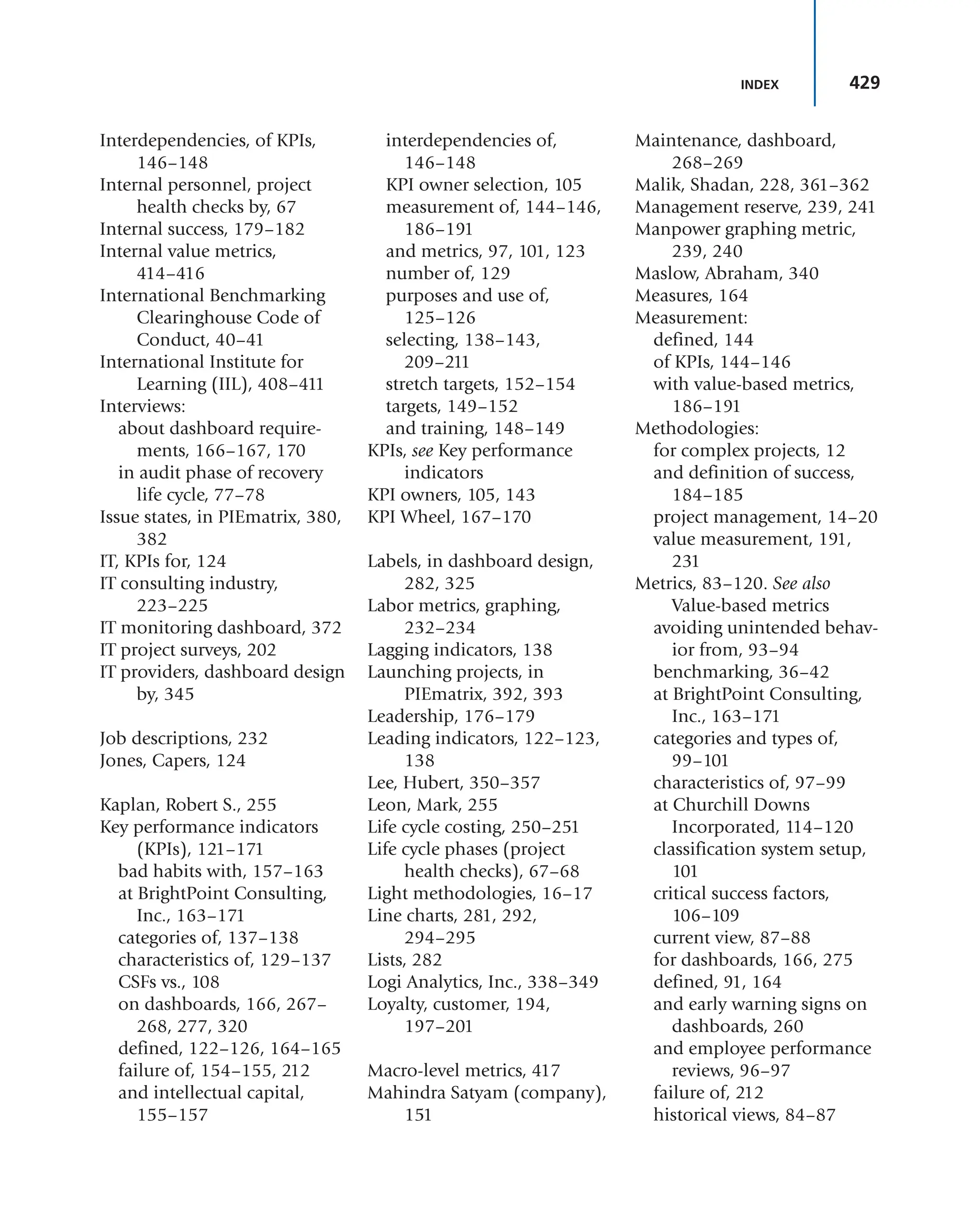 429
INDEX
Interdependencies, of KPIs,
146–148
Internal personnel, project
health checks by, 67
Internal success, 179–182
Internal value metrics,
414–416
International Benchmarking
Clearinghouse Code of
Conduct, 40–41
International Institute for
Learning (IIL), 408–411
Interviews:
about dashboard require-
ments, 166–167, 170
in audit phase of recovery
life cycle, 77–78
Issue states, in PIEmatrix, 380,
382
IT, KPIs for, 124
IT consulting industry,
223–225
IT monitoring dashboard, 372
IT project surveys, 202
IT providers, dashboard design
by, 345
Job descriptions, 232
Jones, Capers, 124
Kaplan, Robert S., 255
Key performance indicators
(KPIs), 121–171
bad habits with, 157–163
at BrightPoint Consulting,
Inc., 163–171
categories of, 137–138
characteristics of, 129–137
CSFs vs., 108
on dashboards, 166, 267–
268, 277, 320
defined, 122–126, 164–165
failure of, 154–155, 212
and intellectual capital,
155–157
interdependencies of,
146–148
KPI owner selection, 105
measurement of, 144–146,
186–191
and metrics, 97, 101, 123
number of, 129
purposes and use of,
125–126
selecting, 138–143,
209–211
stretch targets, 152–154
targets, 149–152
and training, 148–149
KPIs, see Key performance
indicators
KPI owners, 105, 143
KPI Wheel, 167–170
Labels, in dashboard design,
282, 325
Labor metrics, graphing,
232–234
Lagging indicators, 138
Launching projects, in
PIEmatrix, 392, 393
Leadership, 176–179
Leading indicators, 122–123,
138
Lee, Hubert, 350–357
Leon, Mark, 255
Life cycle costing, 250–251
Life cycle phases (project
health checks), 67–68
Light methodologies, 16–17
Line charts, 281, 292,
294–295
Lists, 282
Logi Analytics, Inc., 338–349
Loyalty, customer, 194,
197–201
Macro-level metrics, 417
Mahindra Satyam (company),
151
Maintenance, dashboard,
268–269
Malik, Shadan, 228, 361–362
Management reserve, 239, 241
Manpower graphing metric,
239, 240
Maslow, Abraham, 340
Measures, 164
Measurement:
defined, 144
of KPIs, 144–146
with value-based metrics,
186–191
Methodologies:
for complex projects, 12
and definition of success,
184–185
project management, 14–20
value measurement, 191,
231
Metrics, 83–120. See also
Value-based metrics
avoiding unintended behav-
ior from, 93–94
benchmarking, 36–42
at BrightPoint Consulting,
Inc., 163–171
categories and types of,
99–101
characteristics of, 97–99
at Churchill Downs
Incorporated, 114–120
classification system setup,
101
critical success factors,
106–109
current view, 87–88
for dashboards, 166, 275
defined, 91, 164
and early warning signs on
dashboards, 260
and employee performance
reviews, 96–97
failure of, 212
historical views, 84–87
 