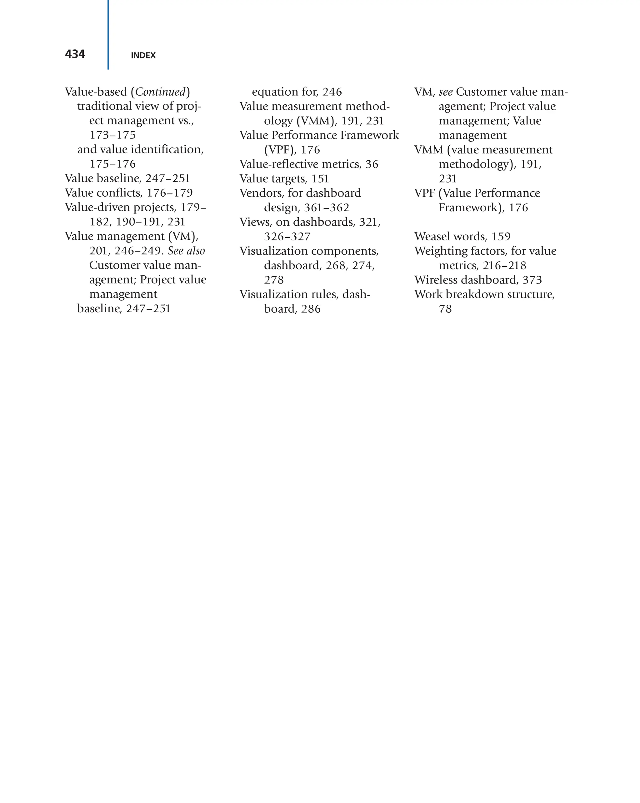 434 INDEX
traditional view of proj-
ect management vs.,
173–175
and value identification,
175–176
Value baseline, 247–251
Value conflicts, 176–179
Value-driven projects, 179–
182, 190–191, 231
Value management (VM),
201, 246–249. See also
Customer value man-
agement; Project value
management
baseline, 247–251
equation for, 246
Value measurement method-
ology (VMM), 191, 231
Value Performance Framework
(VPF), 176
Value-reflective metrics, 36
Value targets, 151
Vendors, for dashboard
design, 361–362
Views, on dashboards, 321,
326–327
Visualization components,
dashboard, 268, 274,
278
Visualization rules, dash-
board, 286
VM, see Customer value man-
agement; Project value
management; Value
management
VMM (value measurement
methodology), 191,
231
VPF (Value Performance
Framework), 176
Weasel words, 159
Weighting factors, for value
metrics, 216–218
Wireless dashboard, 373
Work breakdown structure,
78
Value-based (Continued)
 