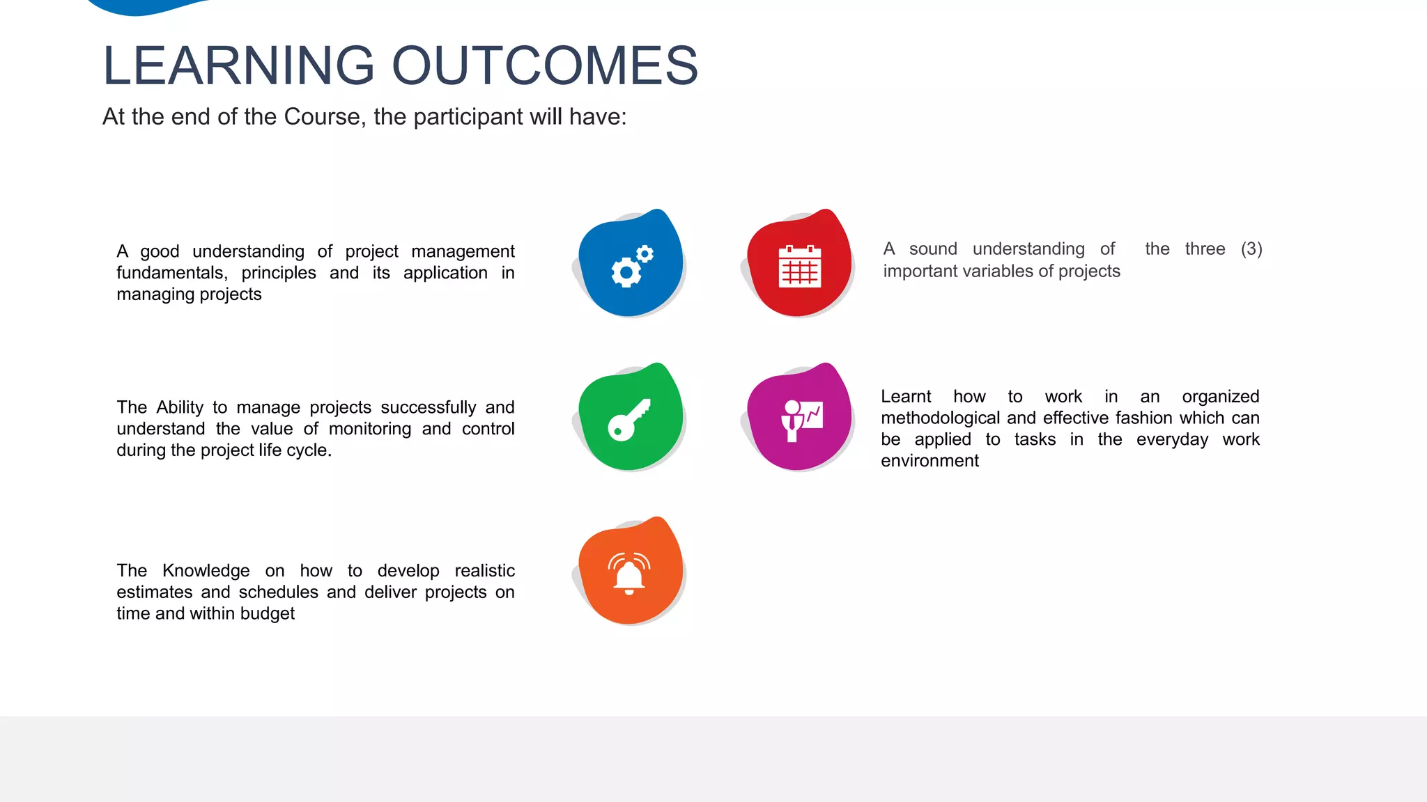 At the end of the Course, the participant will have:
LEARNING OUTCOMES
A good understanding of project management
fundamentals, principles and its application in
managing projects
The Ability to manage projects successfully and
understand the value of monitoring and control
during the project life cycle.
The Knowledge on how to develop realistic
estimates and schedules and deliver projects on
time and within budget
Learnt how to work in an organized
methodological and effective fashion which can
be applied to tasks in the everyday work
environment
A sound understanding of the three (3)
important variables of projects
 