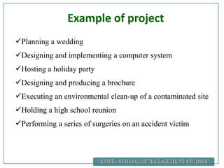 Example of project
Planning a wedding
Designing and implementing a computer system
Hosting a holiday party
Designing and producing a brochure
Executing an environmental clean-up of a contaminated site
Holding a high school reunion
Performing a series of surgeries on an accident victim
 