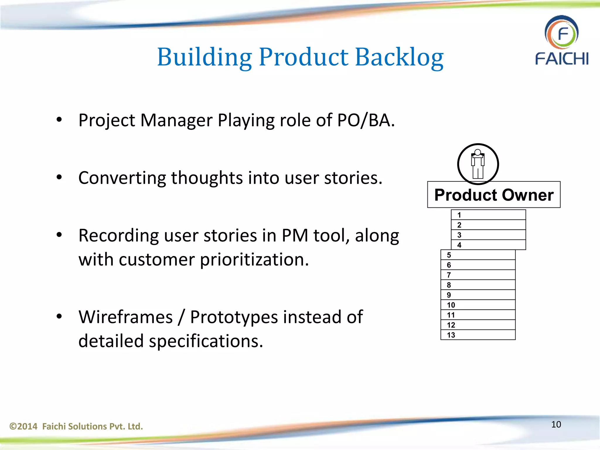 ©2014 Faichi Solutions Pvt. Ltd. 10
Building Product Backlog
• Project Manager Playing role of PO/BA.
• Converting thoughts into user stories.
• Recording user stories in PM tool, along
with customer prioritization.
• Wireframes / Prototypes instead of
detailed specifications.
Product Owner
7
8
9
10
11
12
1
2
3
4
5
6
13
 