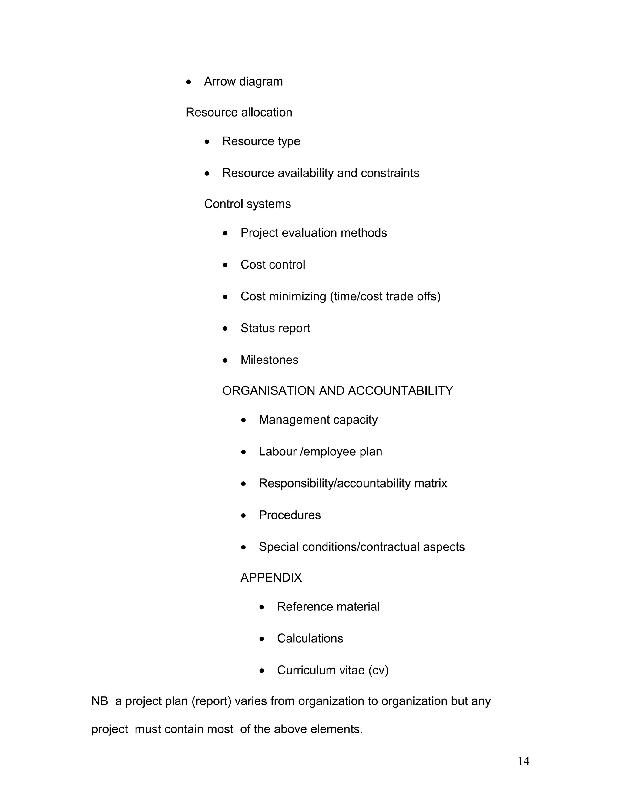 • Arrow diagram
Resource allocation
• Resource type
• Resource availability and constraints
Control systems
• Project evaluation methods
• Cost control
• Cost minimizing (time/cost trade offs)
• Status report
• Milestones
ORGANISATION AND ACCOUNTABILITY
• Management capacity
• Labour /employee plan
• Responsibility/accountability matrix
• Procedures
• Special conditions/contractual aspects
APPENDIX
• Reference material
• Calculations
• Curriculum vitae (cv)
NB a project plan (report) varies from organization to organization but any
project must contain most of the above elements.
14
 