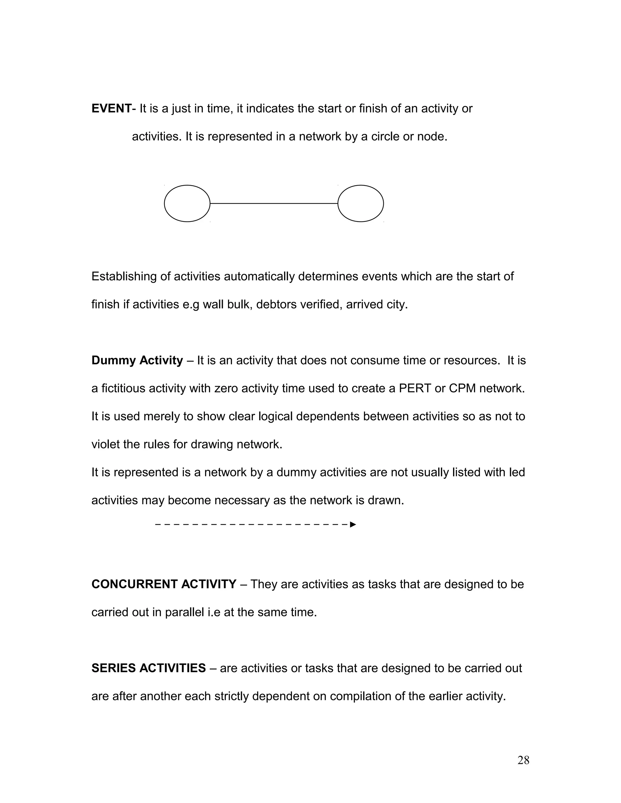 EVENT- It is a just in time, it indicates the start or finish of an activity or
activities. It is represented in a network by a circle or node.
Establishing of activities automatically determines events which are the start of
finish if activities e.g wall bulk, debtors verified, arrived city.
Dummy Activity – It is an activity that does not consume time or resources. It is
a fictitious activity with zero activity time used to create a PERT or CPM network.
It is used merely to show clear logical dependents between activities so as not to
violet the rules for drawing network.
It is represented is a network by a dummy activities are not usually listed with led
activities may become necessary as the network is drawn.
CONCURRENT ACTIVITY – They are activities as tasks that are designed to be
carried out in parallel i.e at the same time.
SERIES ACTIVITIES – are activities or tasks that are designed to be carried out
are after another each strictly dependent on compilation of the earlier activity.
28
 